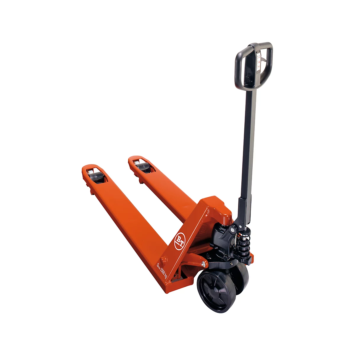 Orange pallet truck with black wheels, handle and bar.