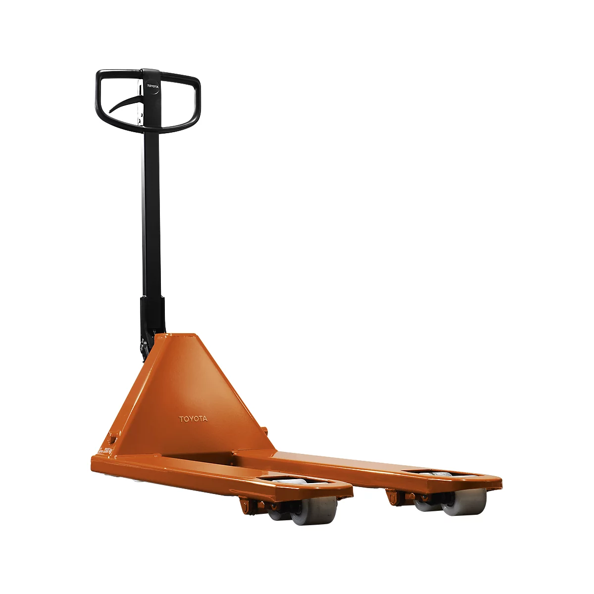 Orange pallet truck against a light background. Black handles, the Toyota logo is visible.