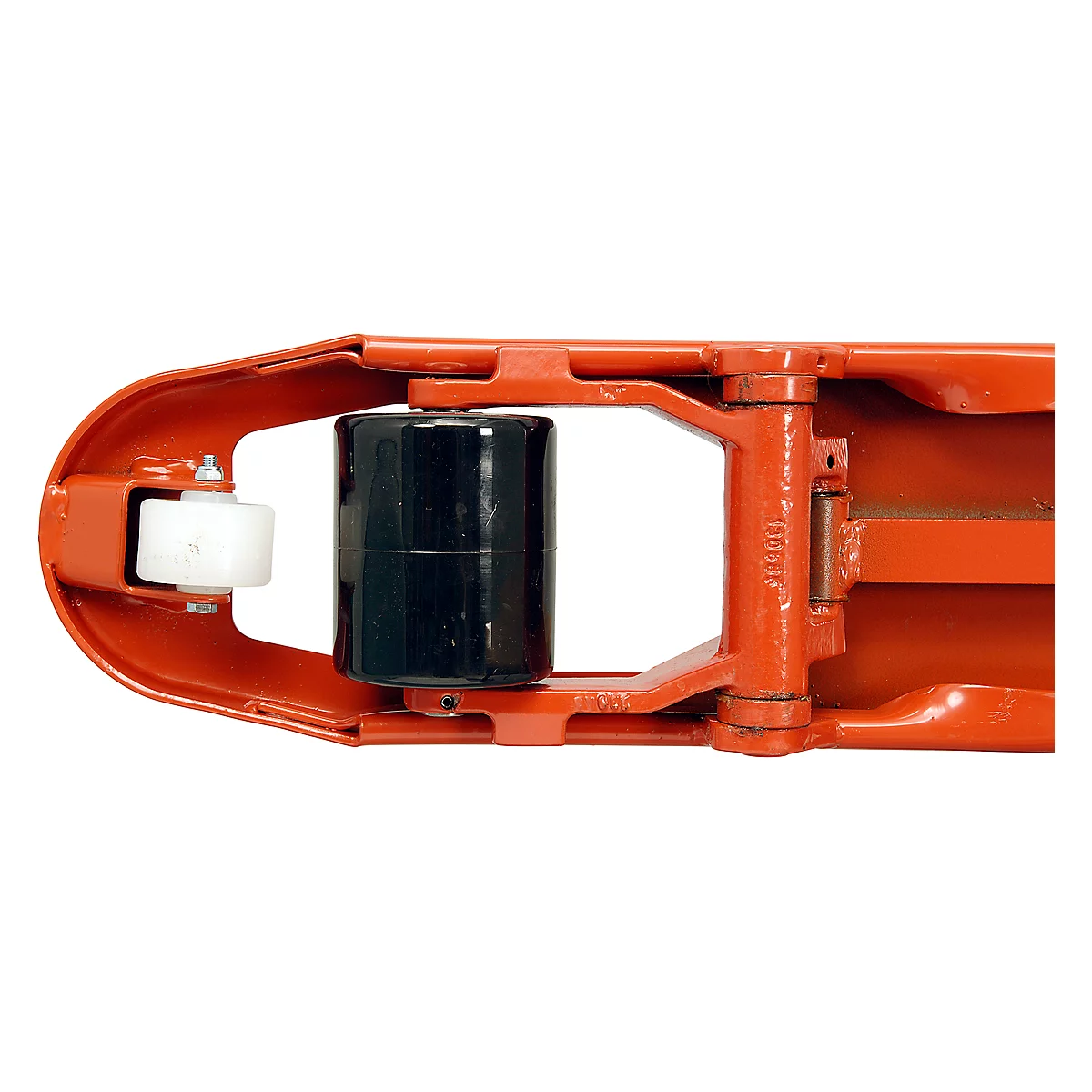 Close-up of orange construction and wheels. A large black wheel on the right and a white wheel on the left. Both are in an orange bracket.