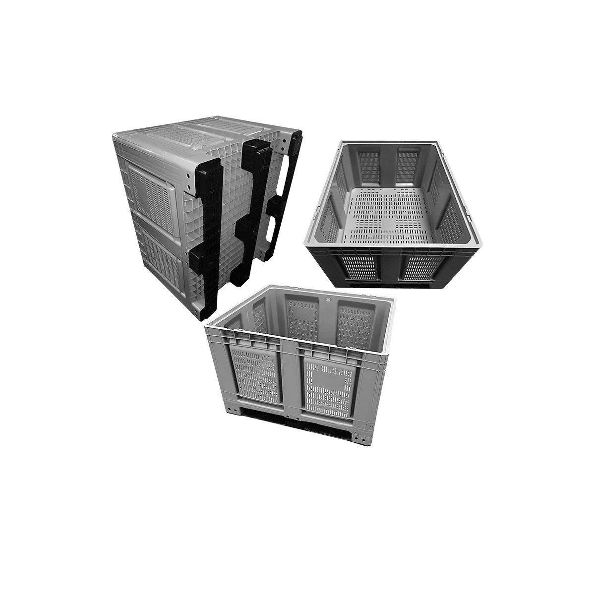 Palletbox Big Box FP-FBO1210K, 680 l, B 1200 x D 1000 x H 790 mm, geperforeerd, zilvergrijs, 3 sledes, tot 450 kg