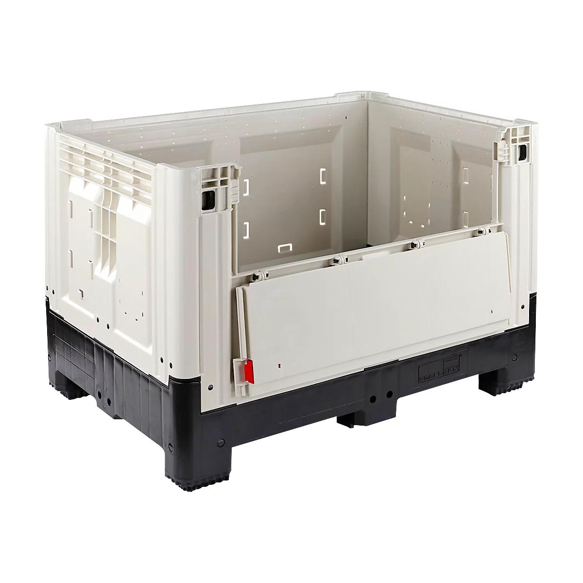 Beige opslagbox, open, met zwarte bodem en rode sluiting.