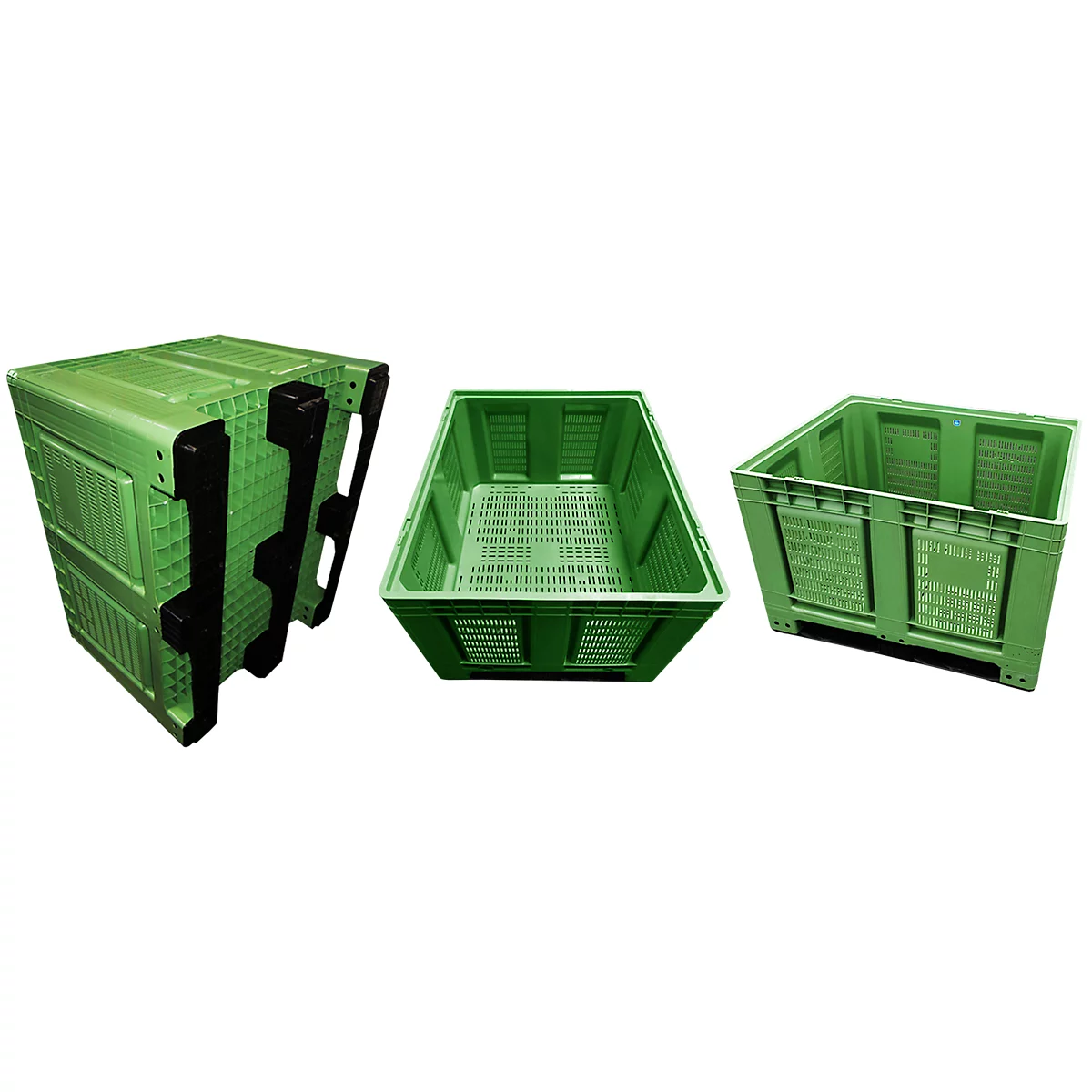 Palletcontainer Big Box FP-FBO1210K, 680 l, B 1200 x D 1000 x H 790 mm, geperforeerd, lichtgroen, 3 sledes, tot 450 kg