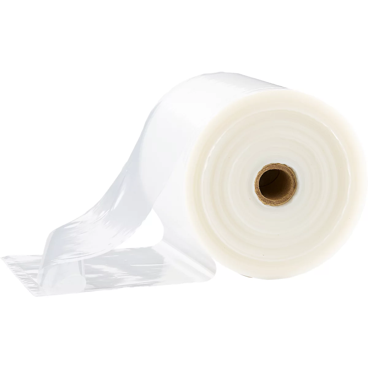 Rol transparante plastic folie, uitgespreid op witte ondergrond. De kern van de rol is bruin.