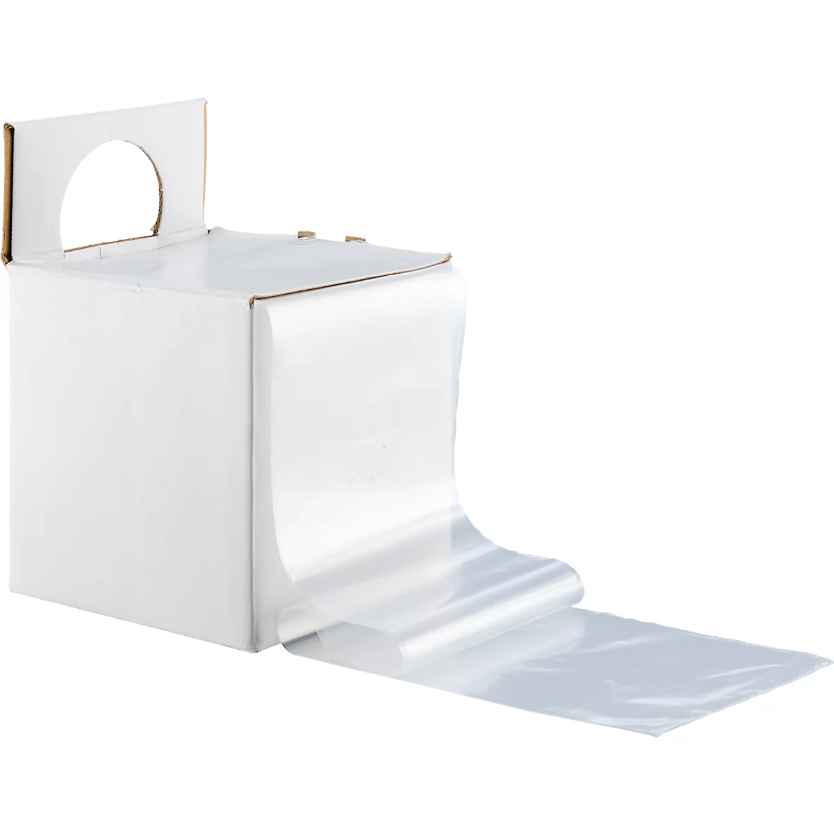 Witte kartonnen doos met ronde opening en uittrekkende heldere plastic folie.