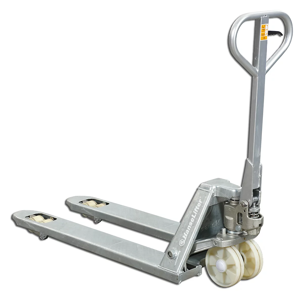 Zilveren pompwagen met witte handgreep, met het label 'HanseLifter'.