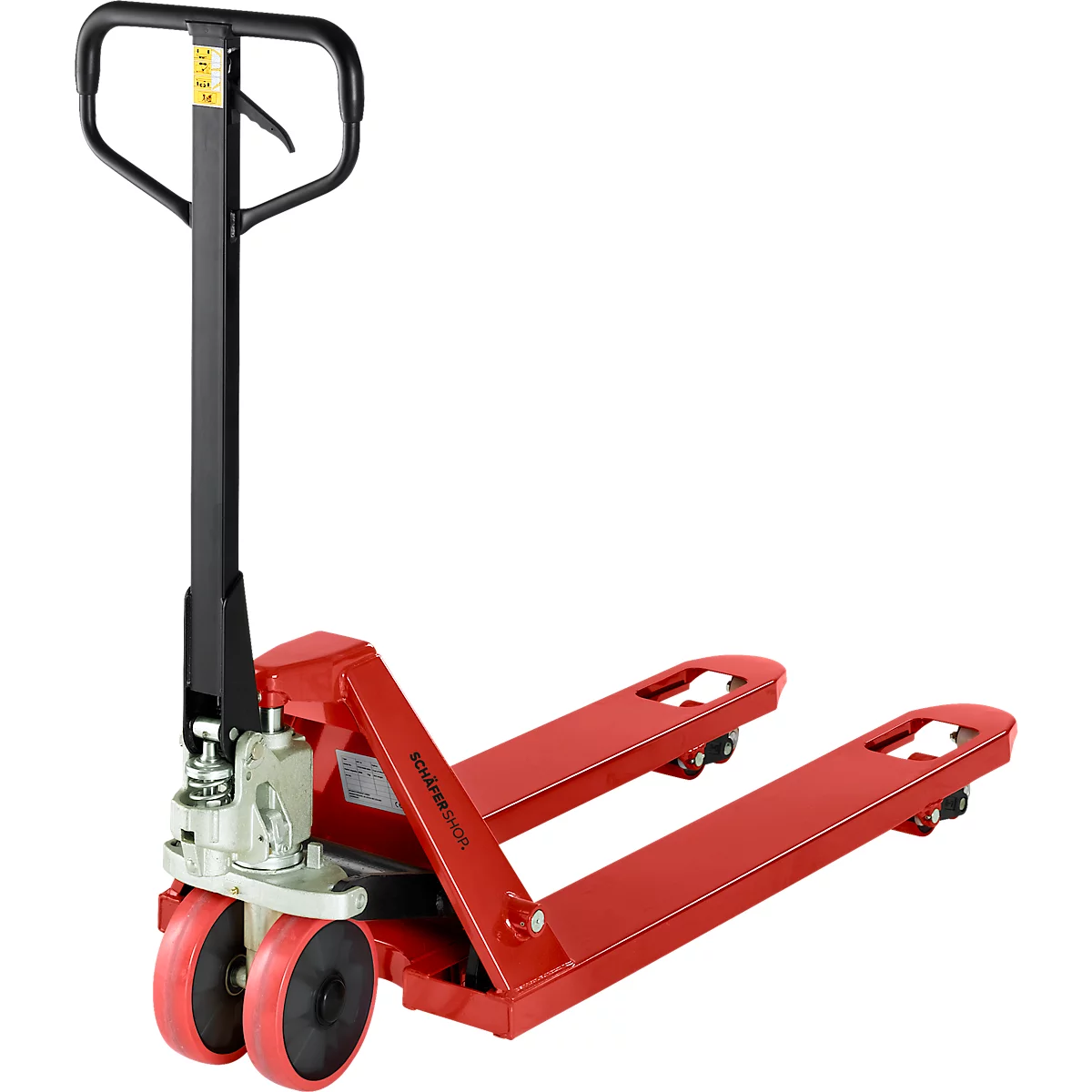 Palletwagen - manuele hefaandrijving - L 1550 x B 540 x H 1200 mm - draagvermogen tot 2500 kg- zwenk- en vorkrollen - rood - ons merk Schäfer Shop Pure