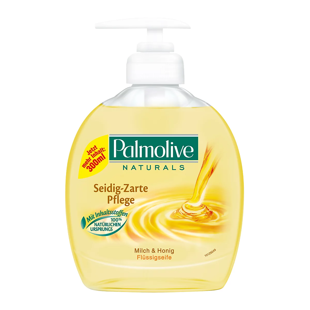 Yellow Palmolive liquid soap with milk & honey. Inscription: "Seidig-Zarte Pflege", "Mit Inhaltsstoffen 100% natürlichen Ursprungs".