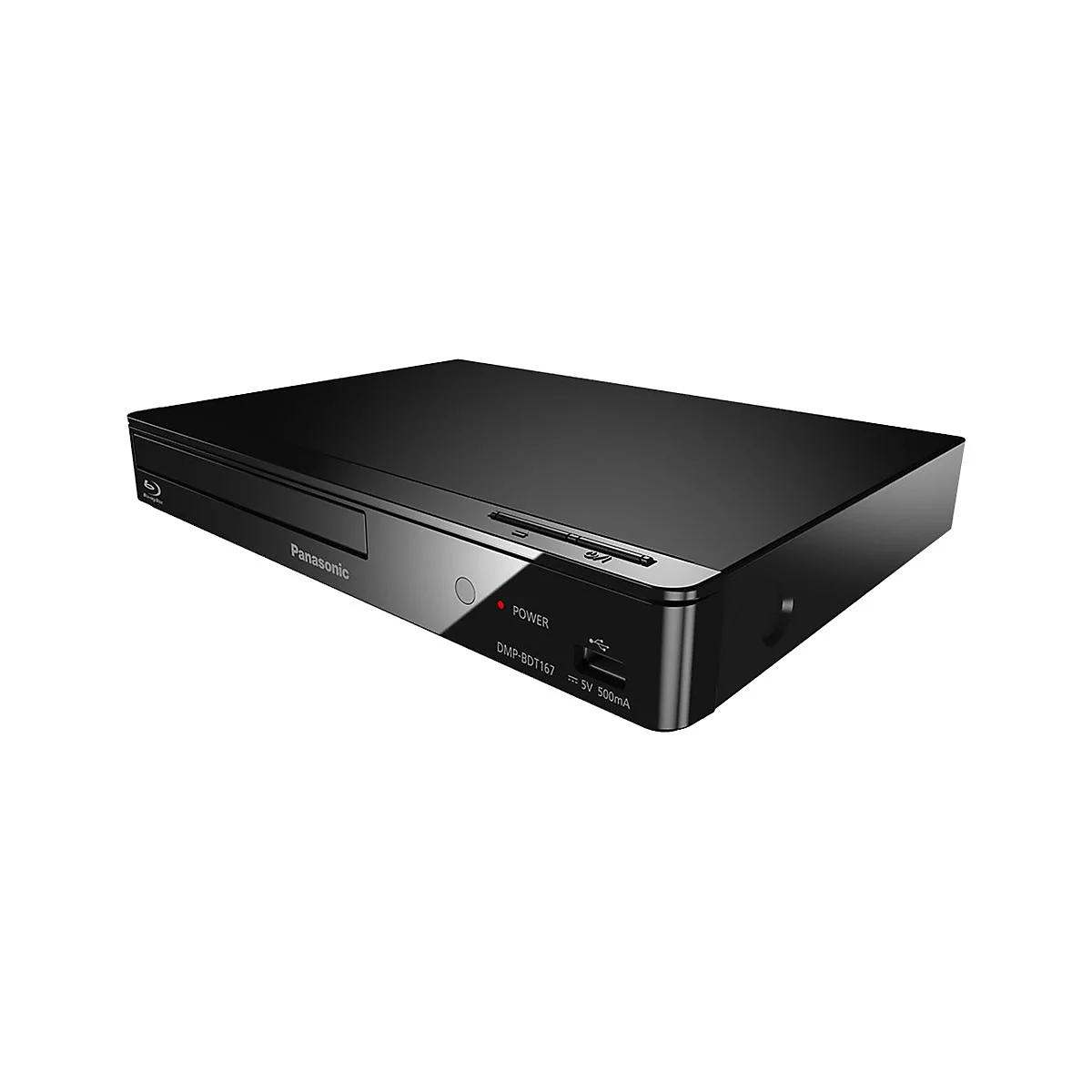 Lecteur Blu-ray Panasonic noir. Face avant : logo, bouton d'alimentation, voyant d'alimentation, nom du modèle et port USB.