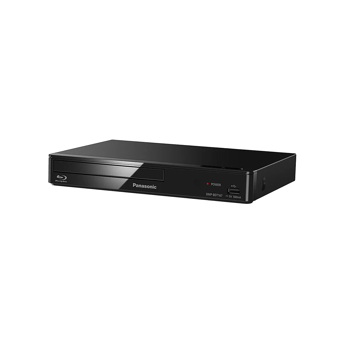 Schwarzer Panasonic Blu-ray-Player vor weißem Hintergrund mit leuchtend roter Power-Leuchte.