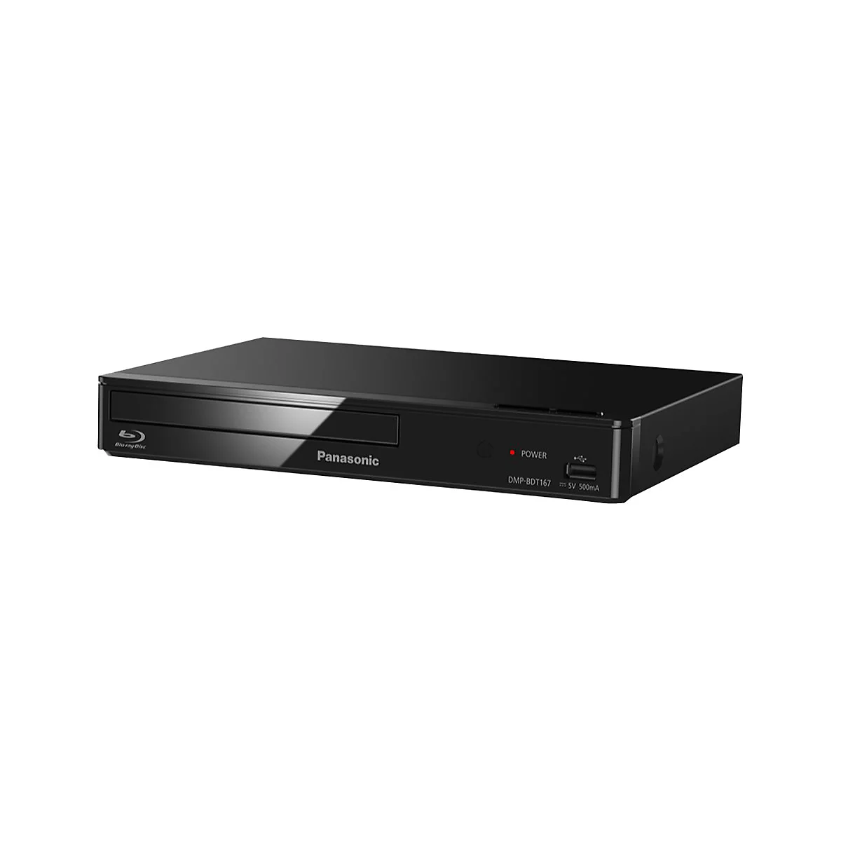 Schwarzer Panasonic Blu-ray-Player im kompakten Design vor weißem Hintergrund.