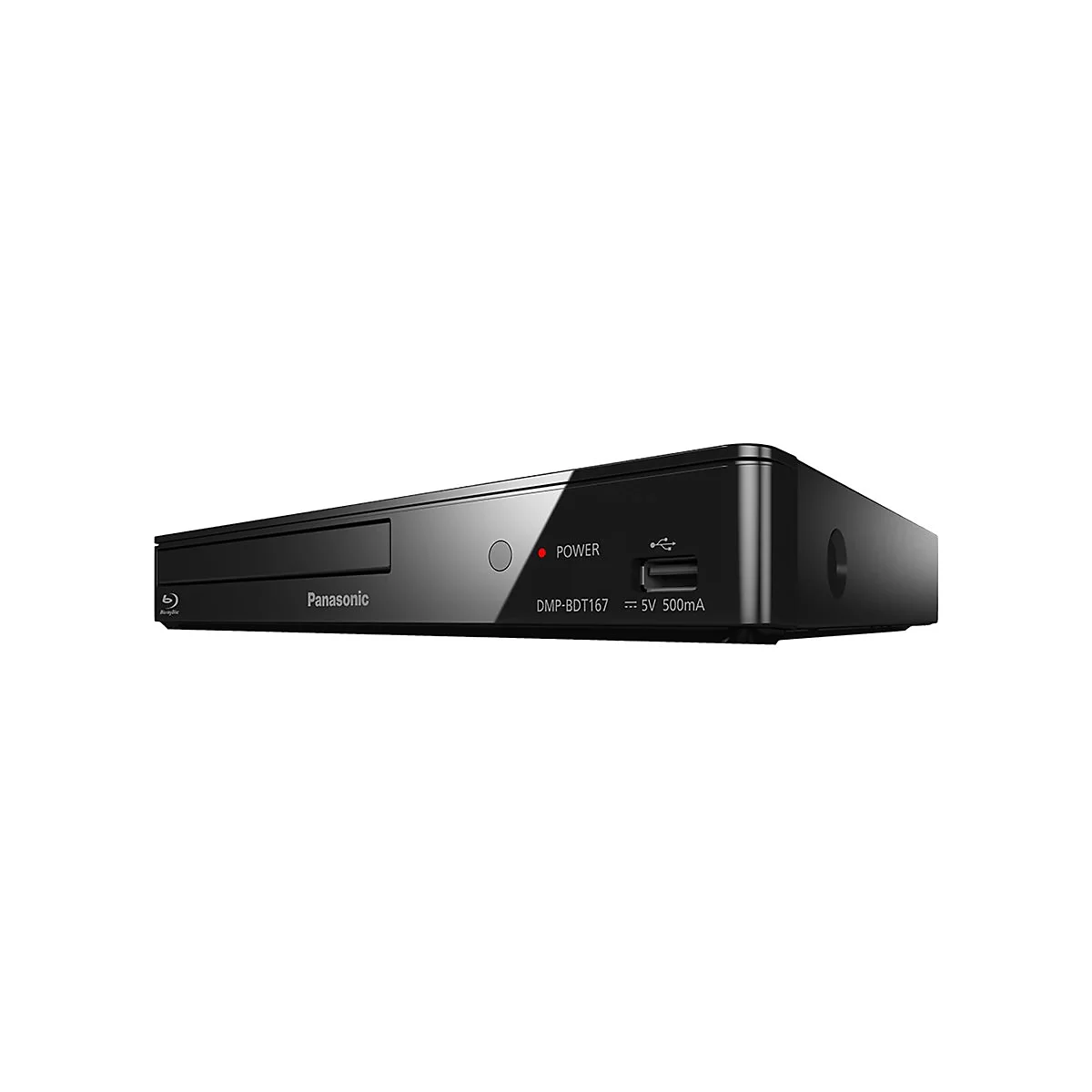 Schwarzer Panasonic Blu-ray Player DMP-BDT167 vor weißem Hintergrund mit USB-Anschluss und Power-Leuchte.