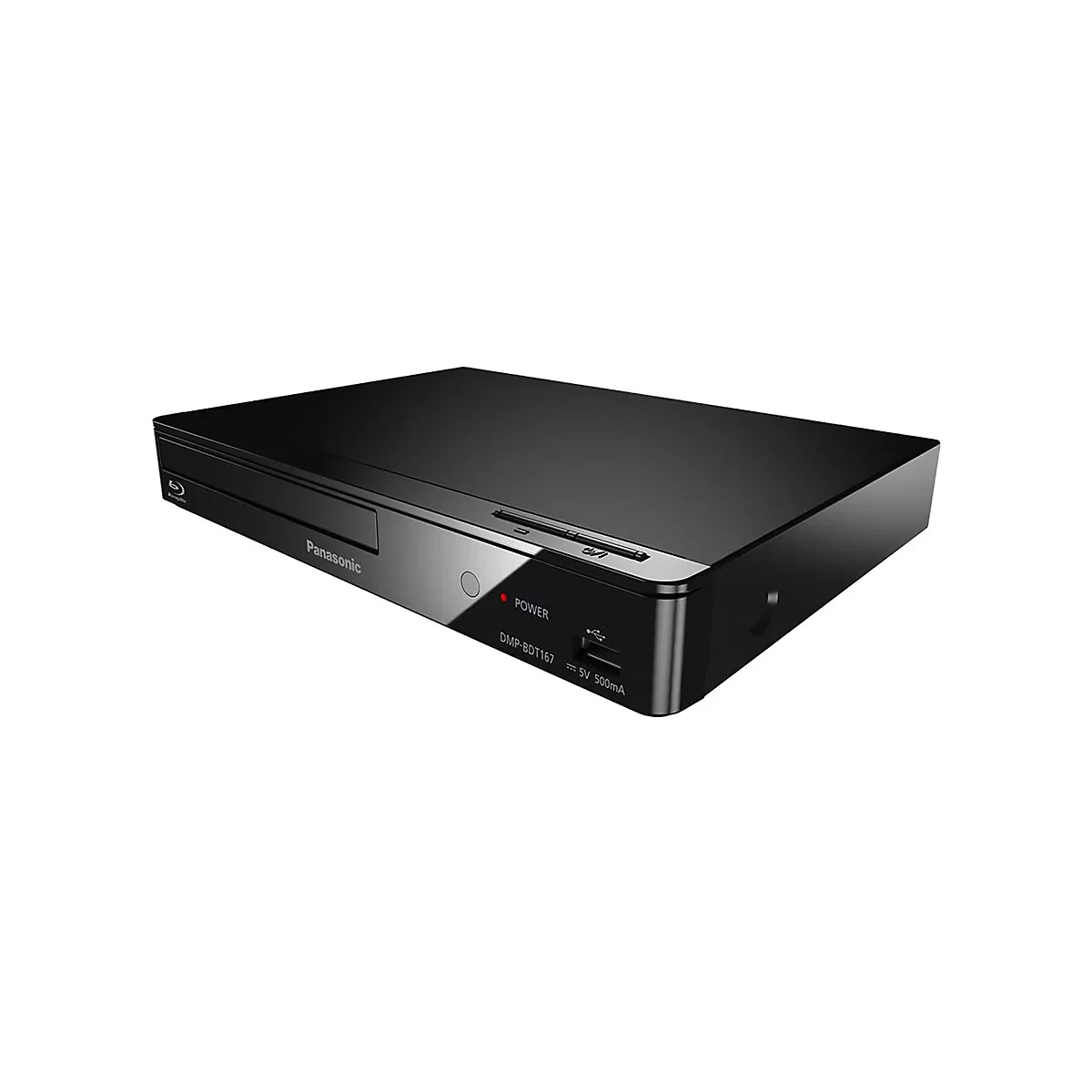 Schwarzer Panasonic Blu-ray-Player von vorne rechts, mit Disc-Fach, Power-LED und USB-Anschluss.