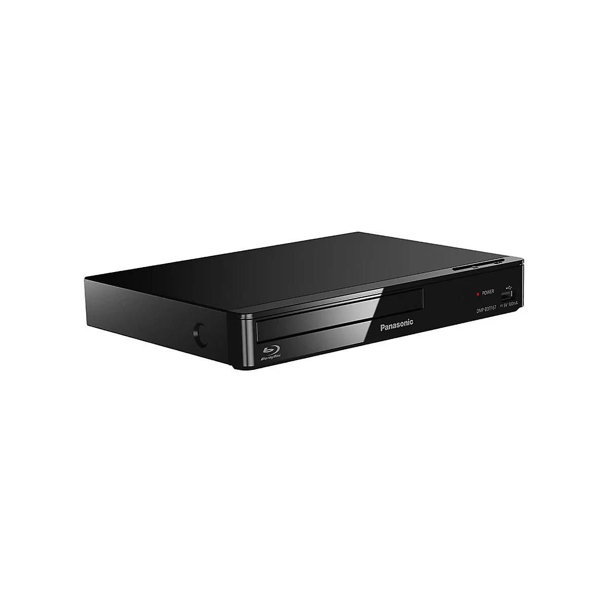 Schwarzer Panasonic Blu-ray-Player in flachem Gehäuse vor weißem Hintergrund.