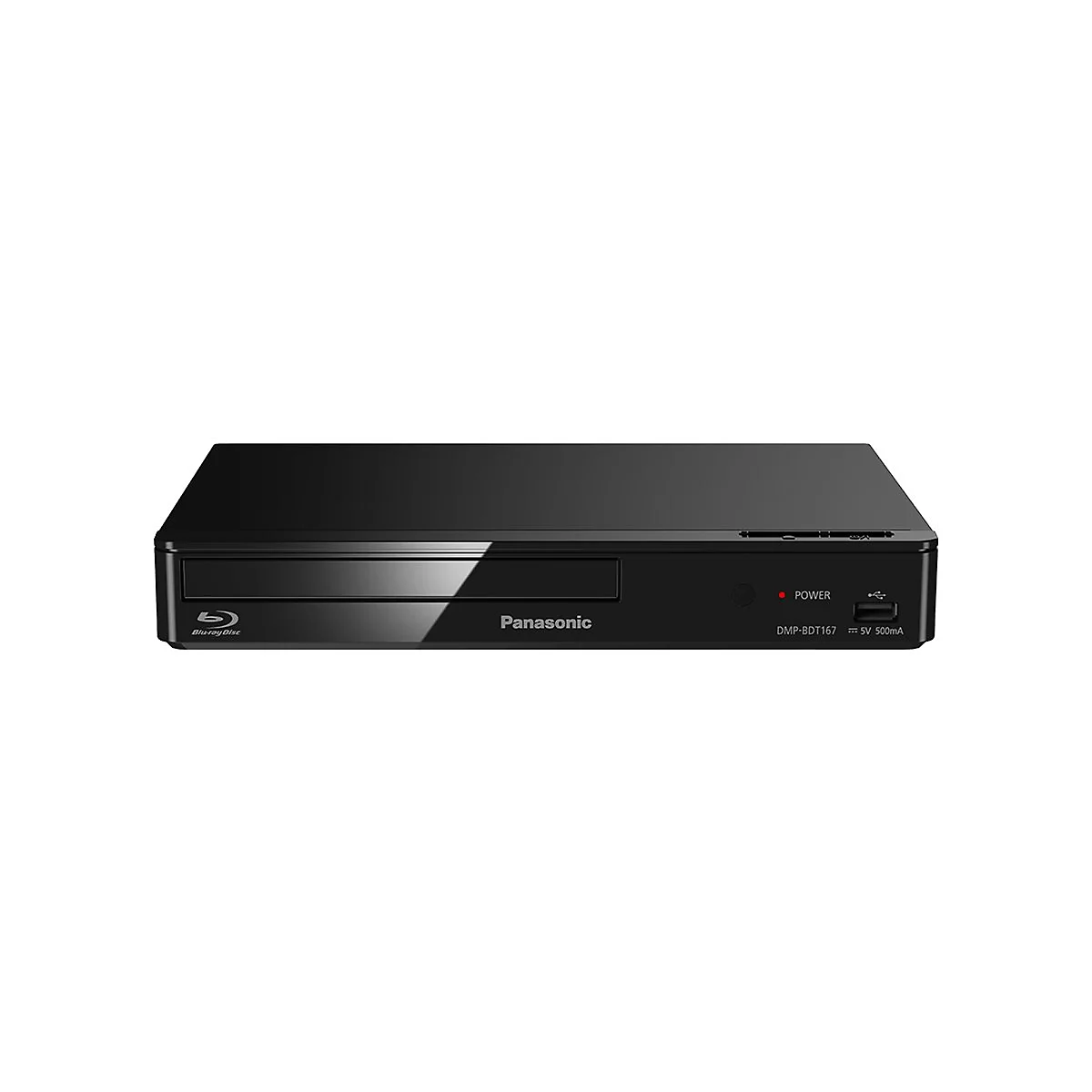 Schwarzer Panasonic Blu-ray-Player von vorne vor weißem Hintergrund.