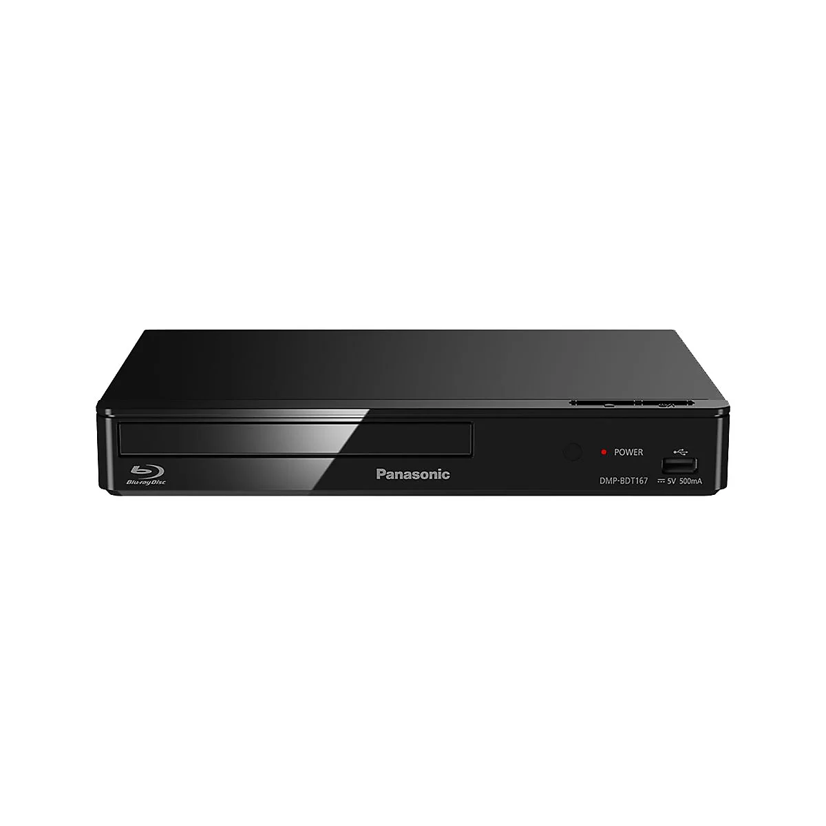 Schwarzer Blu-ray-Player, Panasonic. Mit Logo, Einschaltknopf und USB-Anschluss.