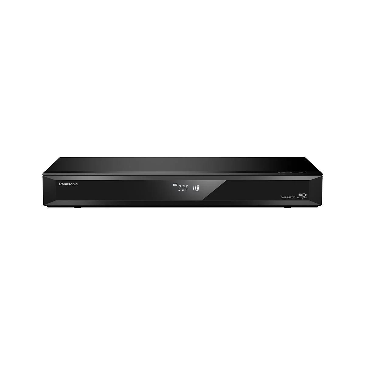 Schwarzer Panasonic Blu-ray Recorder vor weißem Hintergrund mit leuchtender ZDF HD Anzeige.