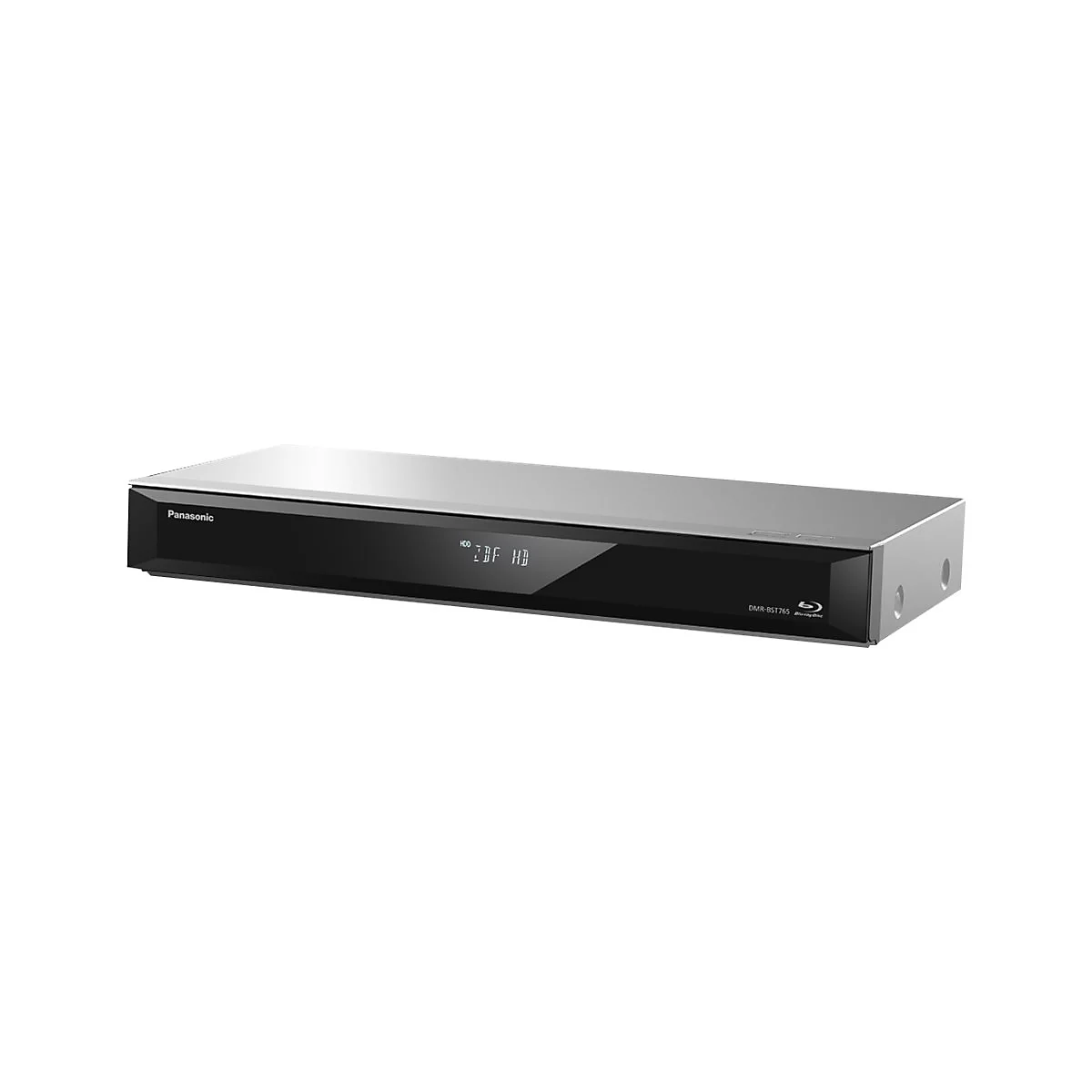 Silberner Panasonic Blu-ray-Rekorder mit schwarzer Frontblende und digitaler Anzeige vor weißem Hintergrund.