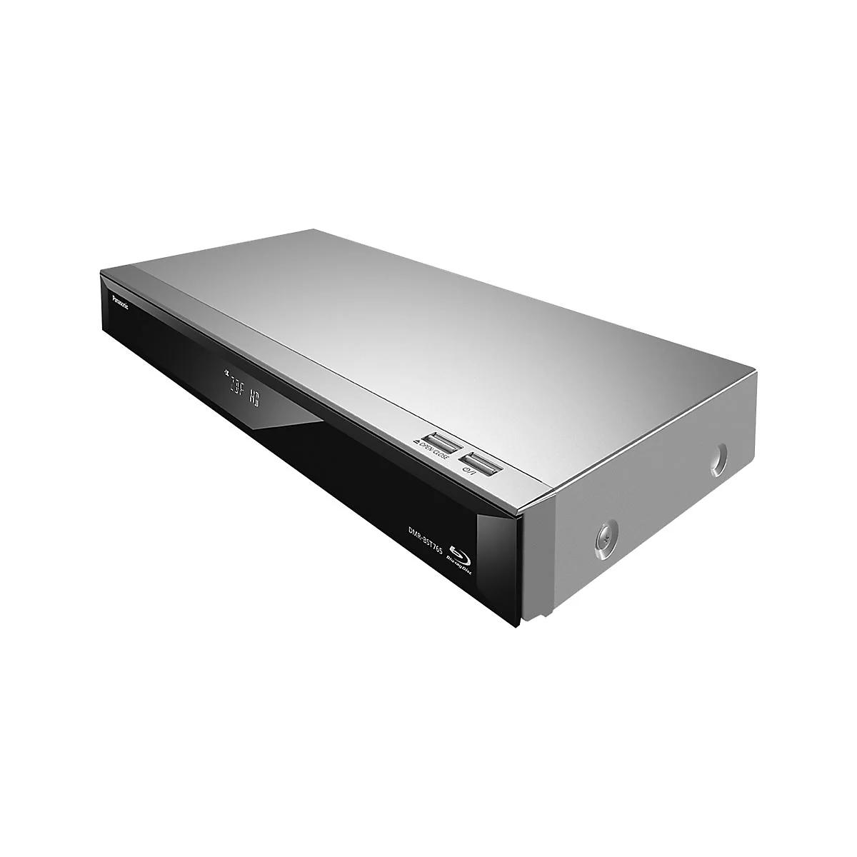 Silberner Panasonic Blu-ray-Recorder vor weißem Hintergrund mit schwarzer Frontblende und Markenlogo.