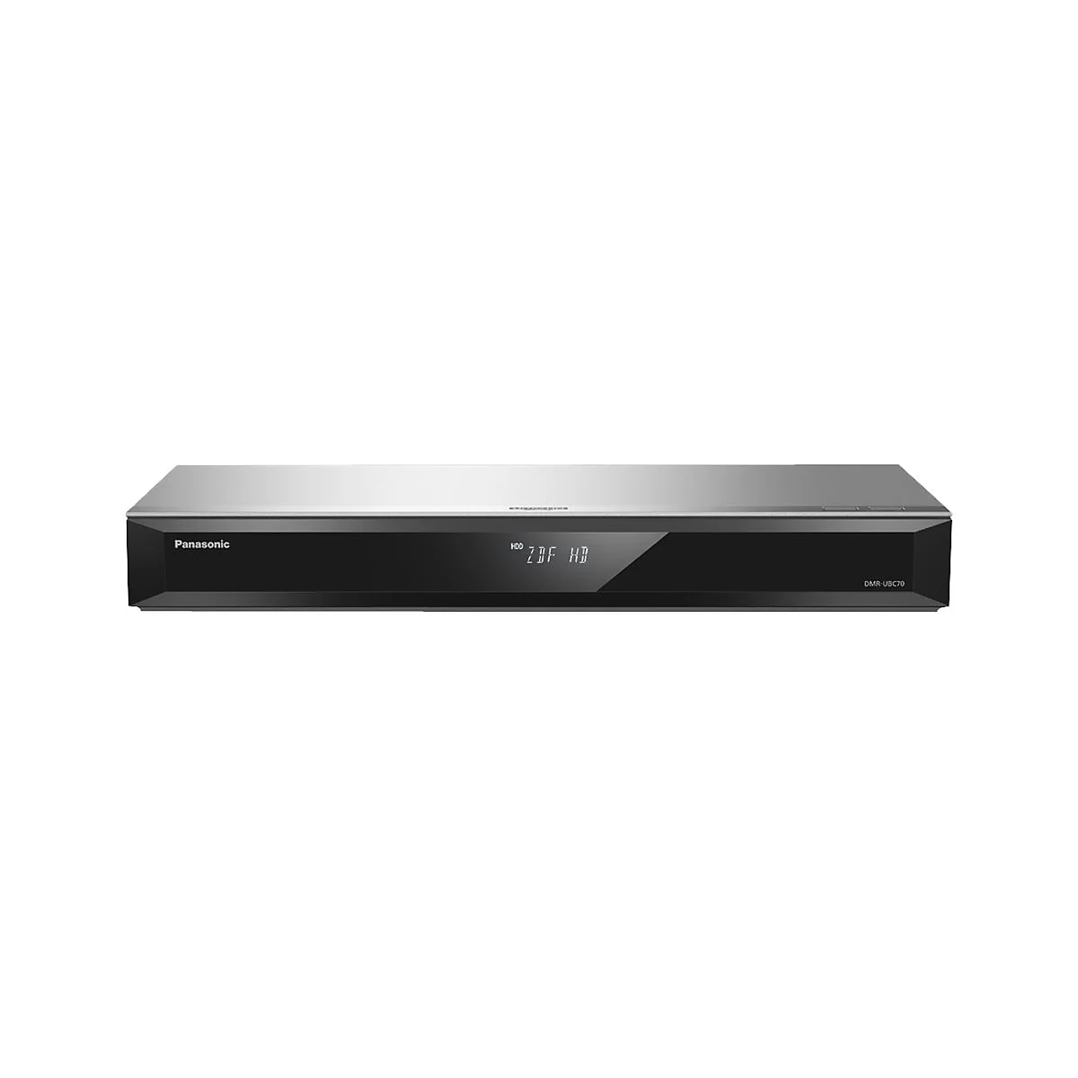 Ein rechteckiger, silberner Panasonic Blu-ray-Player auf weißem Hintergrund. Auf dem Display ist ZDF HD zu lesen.