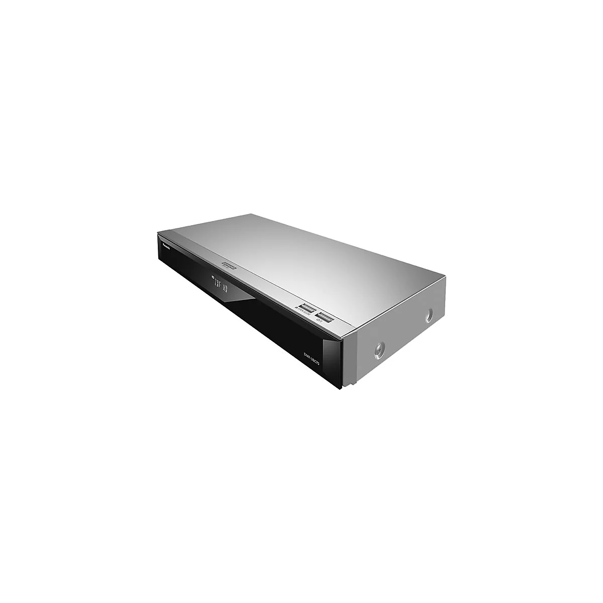 Ein silberner Blu-ray-Player, flache rechteckige Form. Auf der schwarzen Vorderseite sind ein Display und zwei USB-AnschlÃ¼sse zu sehen.
