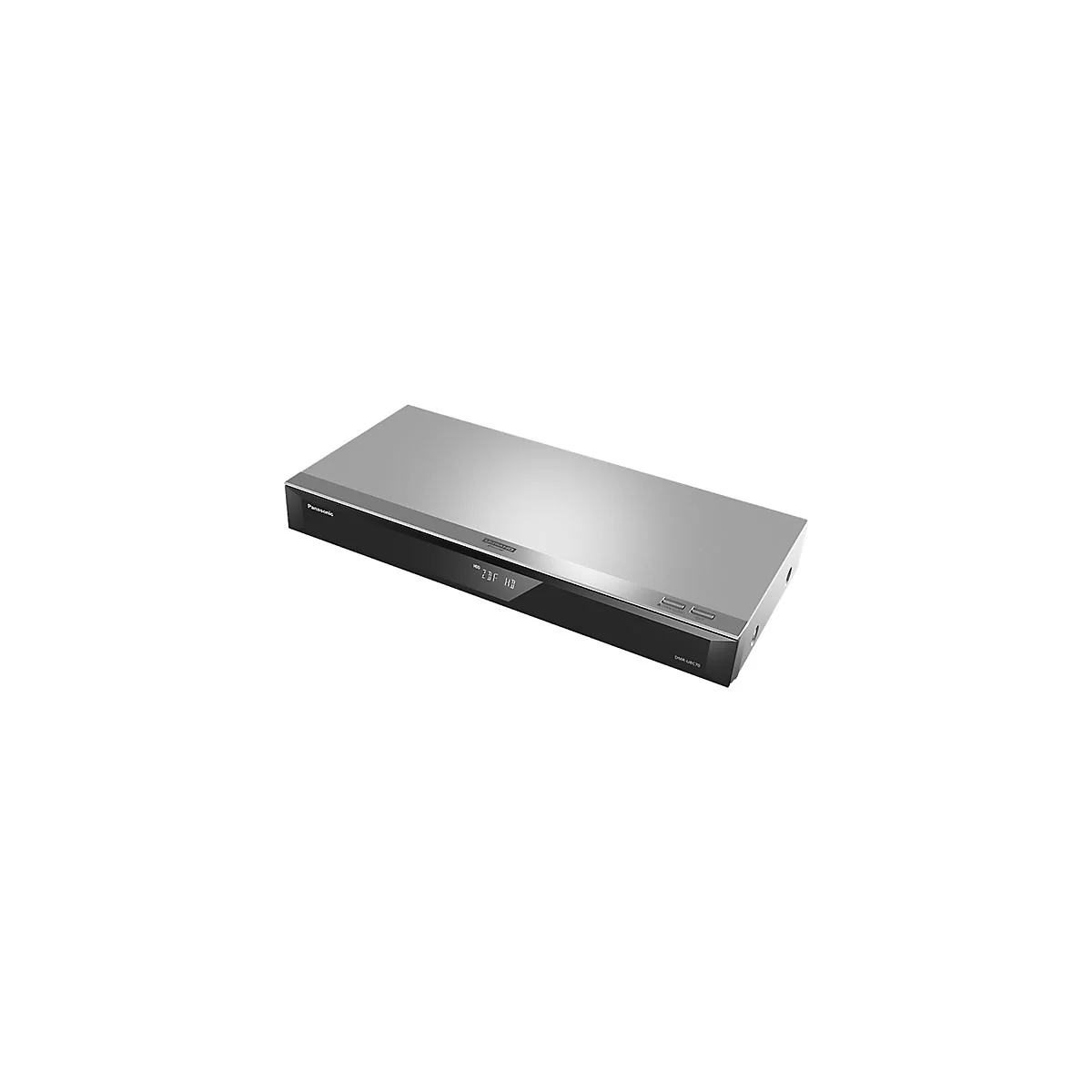 Ein silberner Blu-ray-Player mit schwarzer Front und Digitalanzeige. Auf der OberflÃ¤che sind zwei KnÃ¶pfe und das Panasonic-Logo zu sehen.