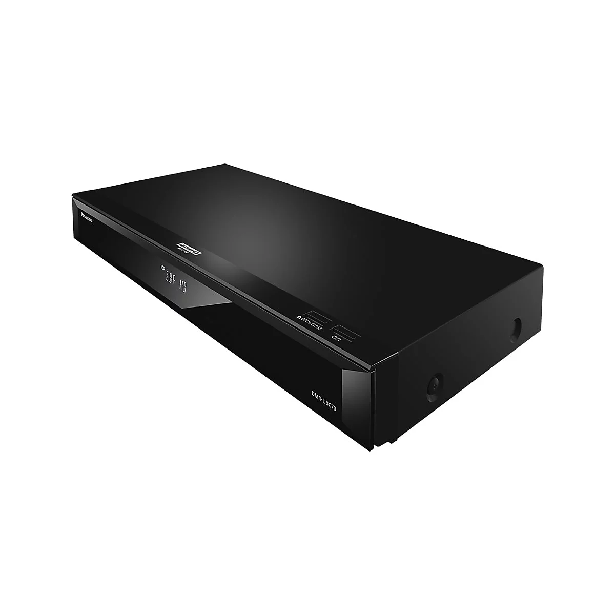 Ein schwarzer Panasonic Blu-ray-Player. Auf der Oberseite befinden sich Knöpfe und ein Display, auf dem Informationen angezeigt werden.
