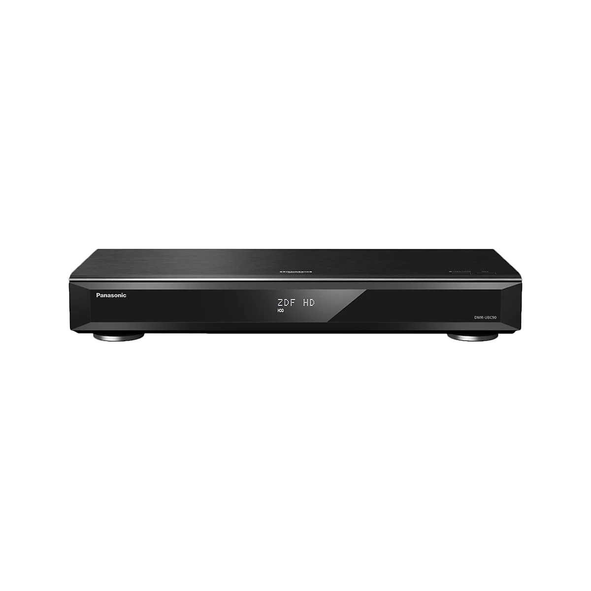Ein schwarzer Panasonic Blu-ray-Player, auf dem "ZDF HD" angezeigt wird.
