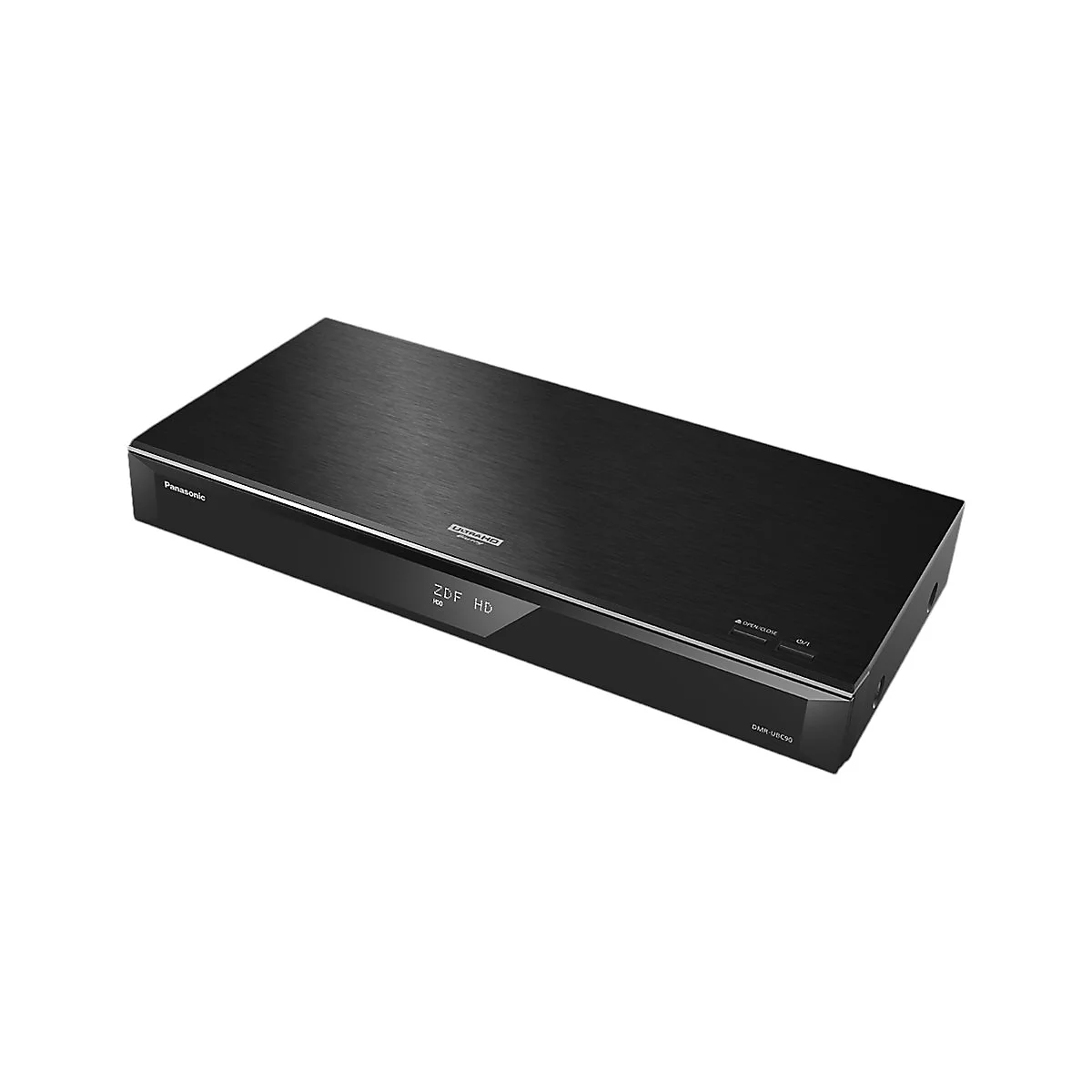 Schwarzer Panasonic Blu-ray-Player. Auf der Frontanzeige stehen ZDF HD. Oben steht Ultra HD Blu-ray.