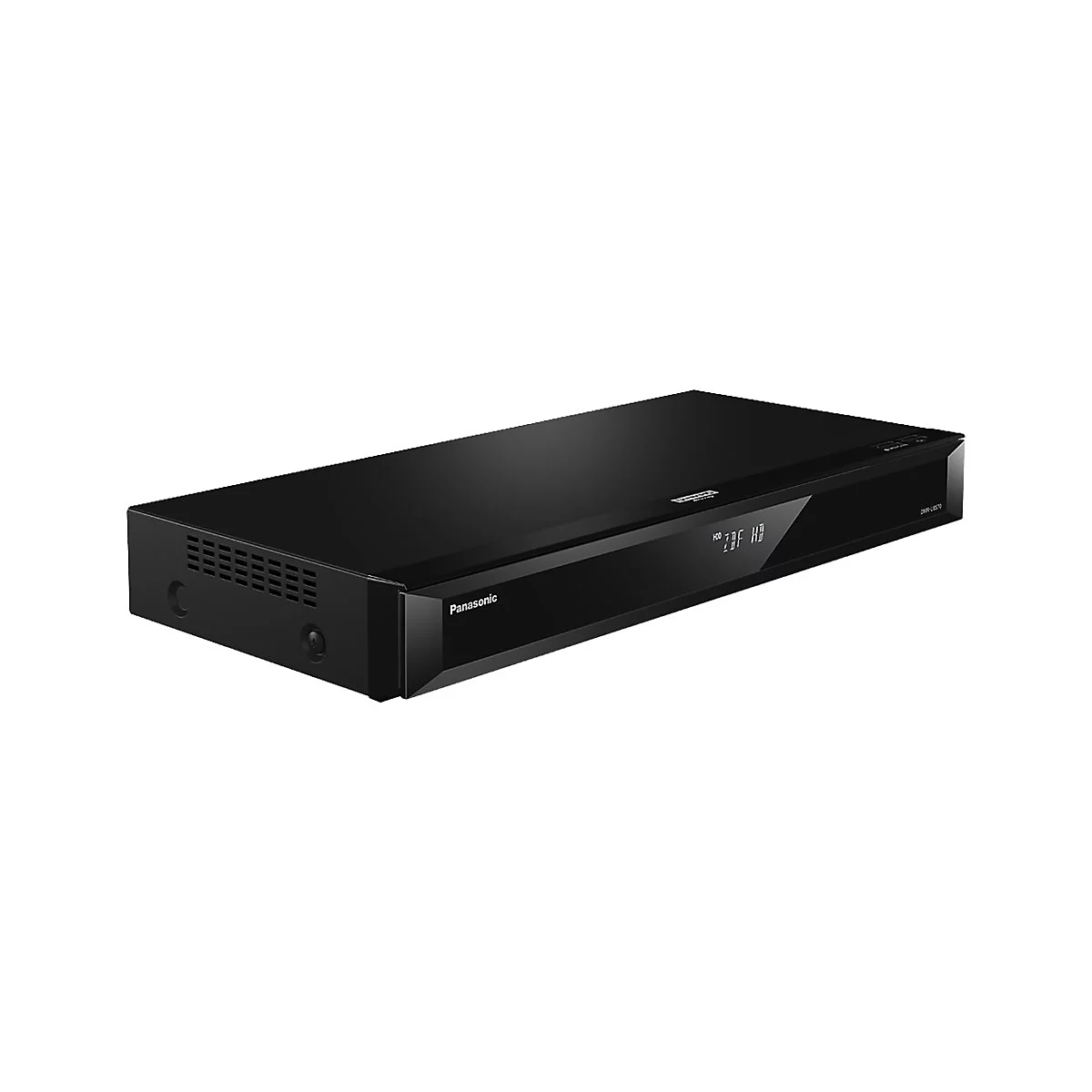 Schwarzer Blu-ray-Player, Marke Panasonic, mit Display. Gerät liegt auf weißem Hintergrund.