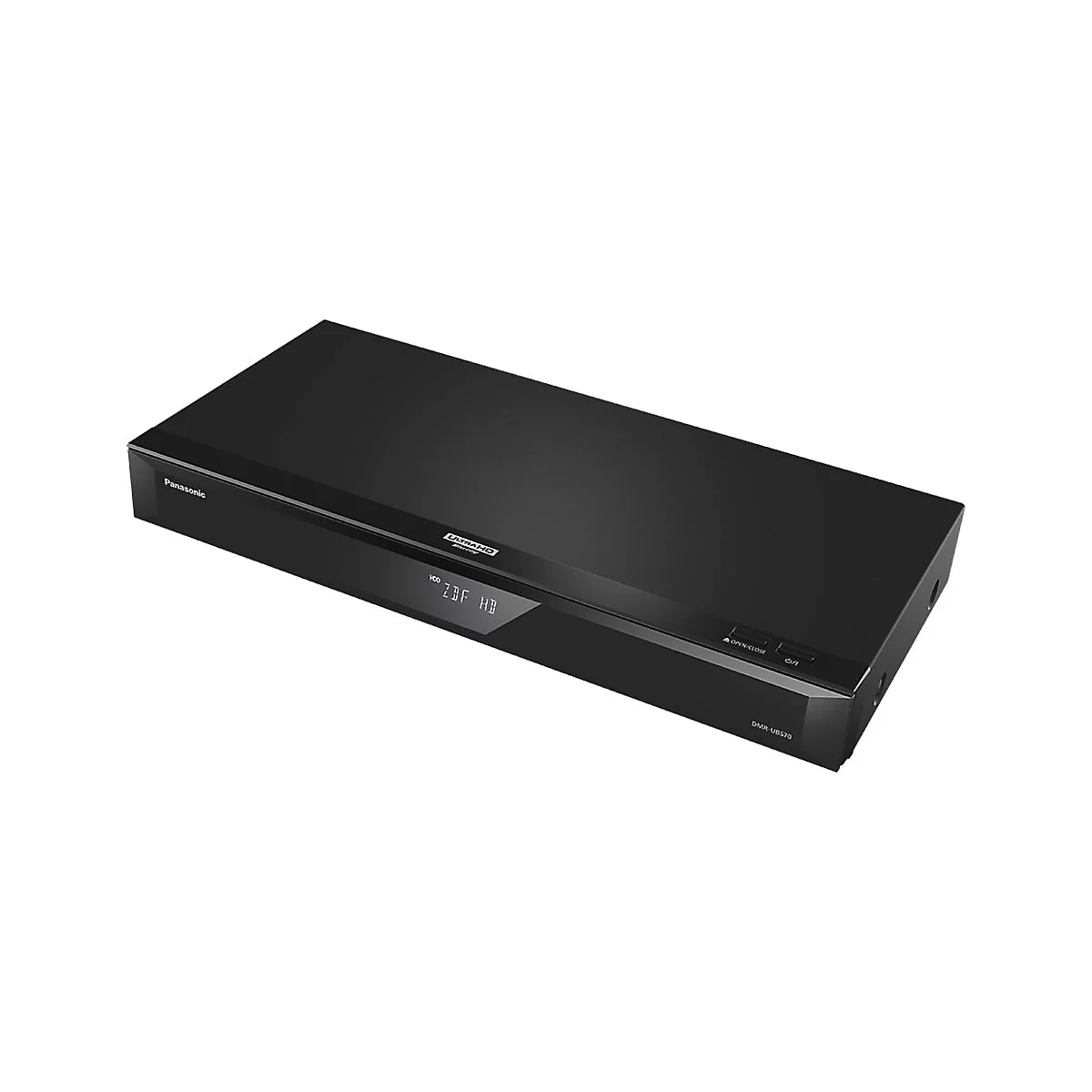 Schwarzer Panasonic Blu-ray-Player. Auf der Front steht ULTRA HD, darunter 23F HD und Bedientasten. Auf der oberen linken Seite ist Panasonic sichtbar.