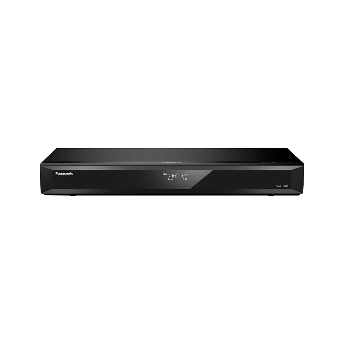 Schwarzer Panasonic Blu-ray-Player, Anzeige zeigt "ZDF HD". Modellname: DMR-UBS70.