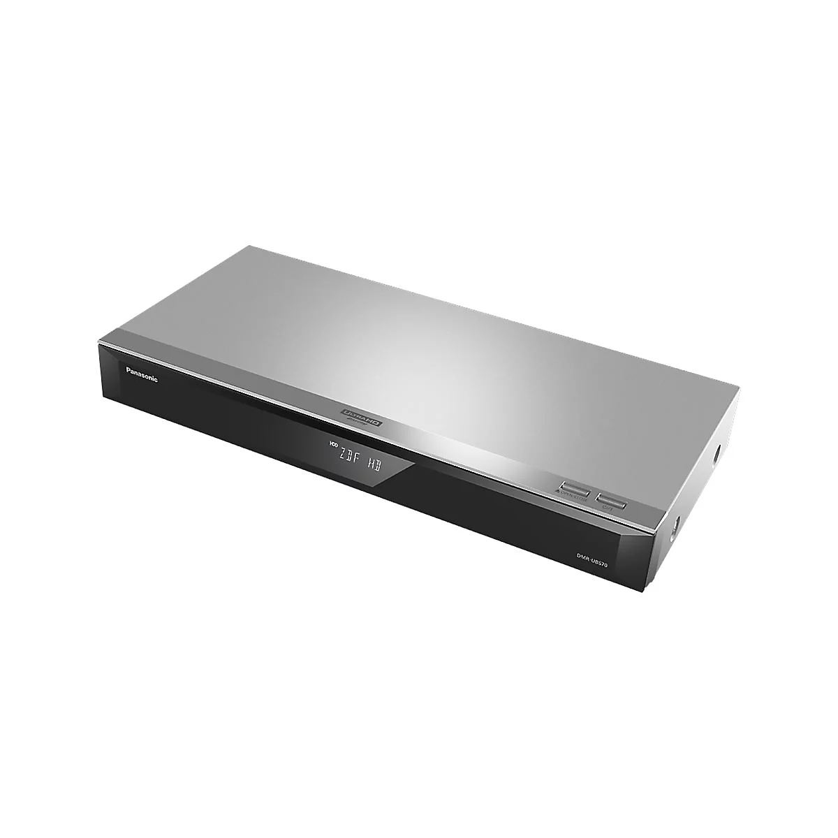 Ein silberner Panasonic Blu-ray-Player, der auf weißem Hintergrund steht.