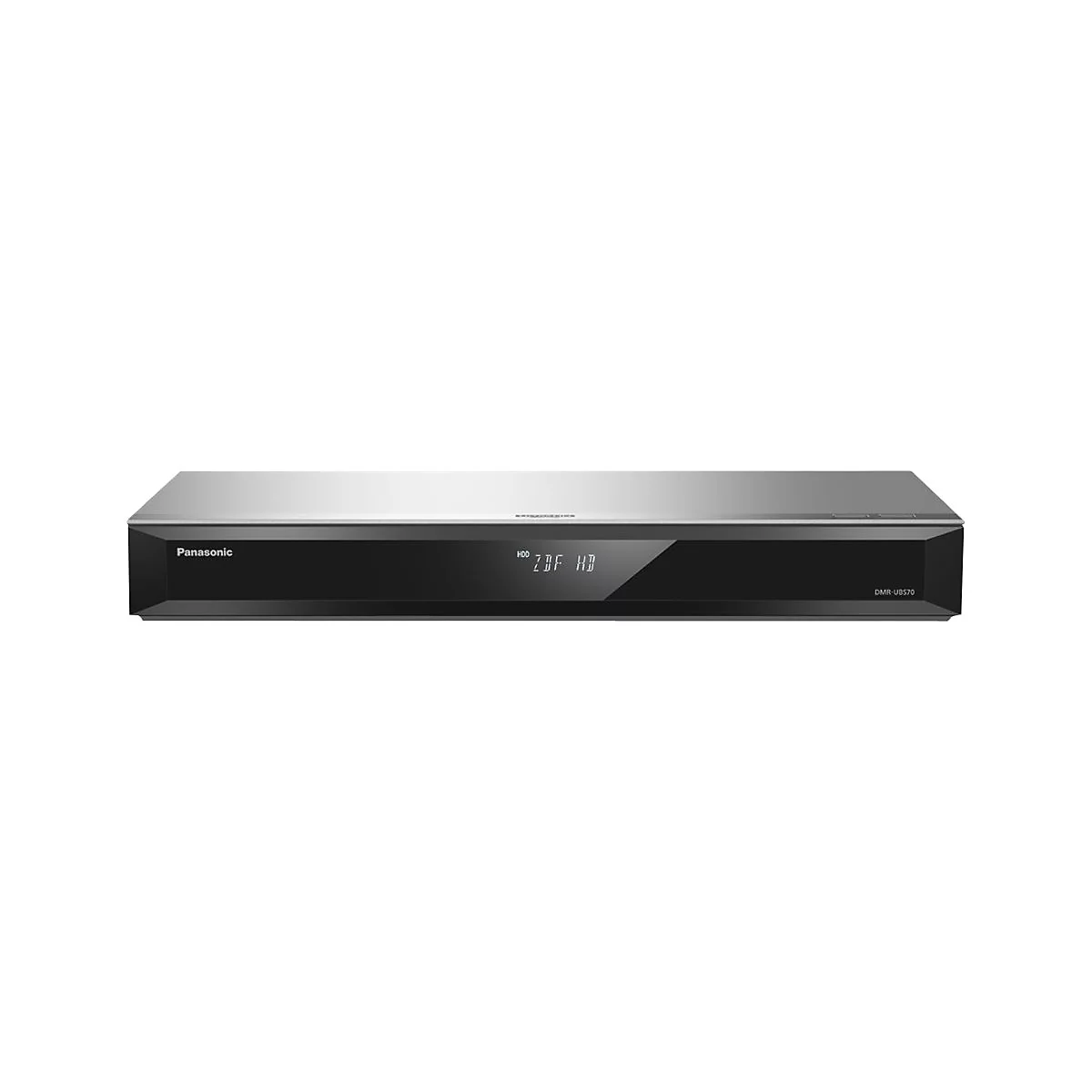 Ein silber-schwarzer Panasonic Blu-ray Player. Auf dem Display steht 'ZDF HD'. Rechts steht 'DMR-UBS70'.