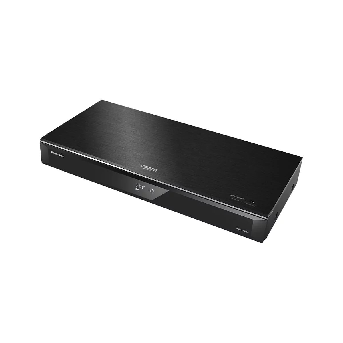 Schwarzer Panasonic Blu-Ray Player. Auf der Front steht "ZDF HD". Oben links der Schriftzug "Panasonic".