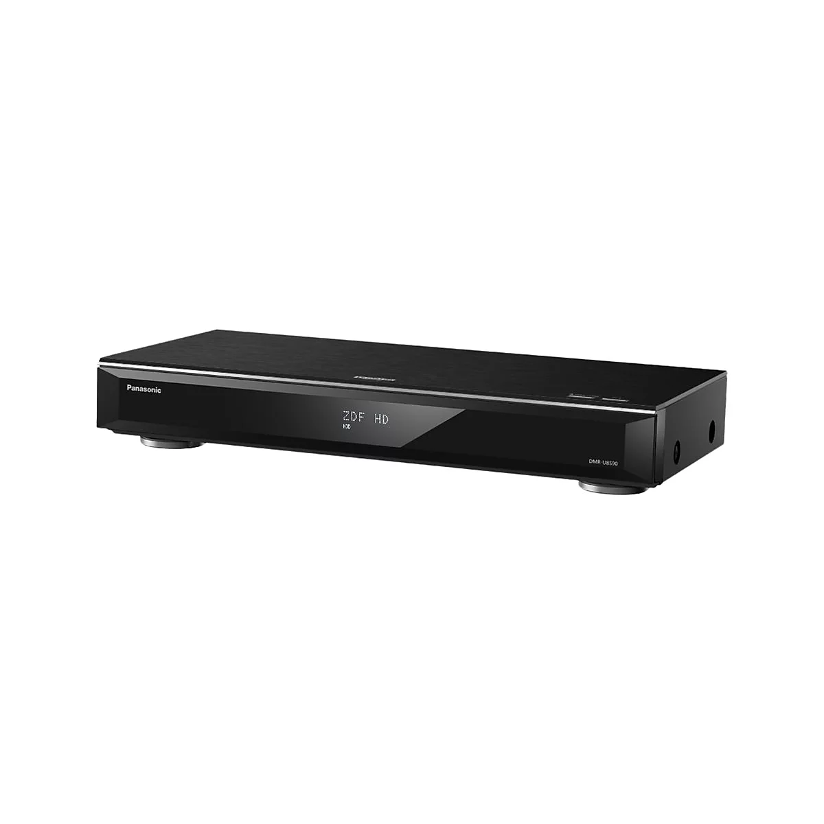 Schwarzer Panasonic Blu-ray-Player, Anzeige "ZDF HD", auf weißen Füßen.