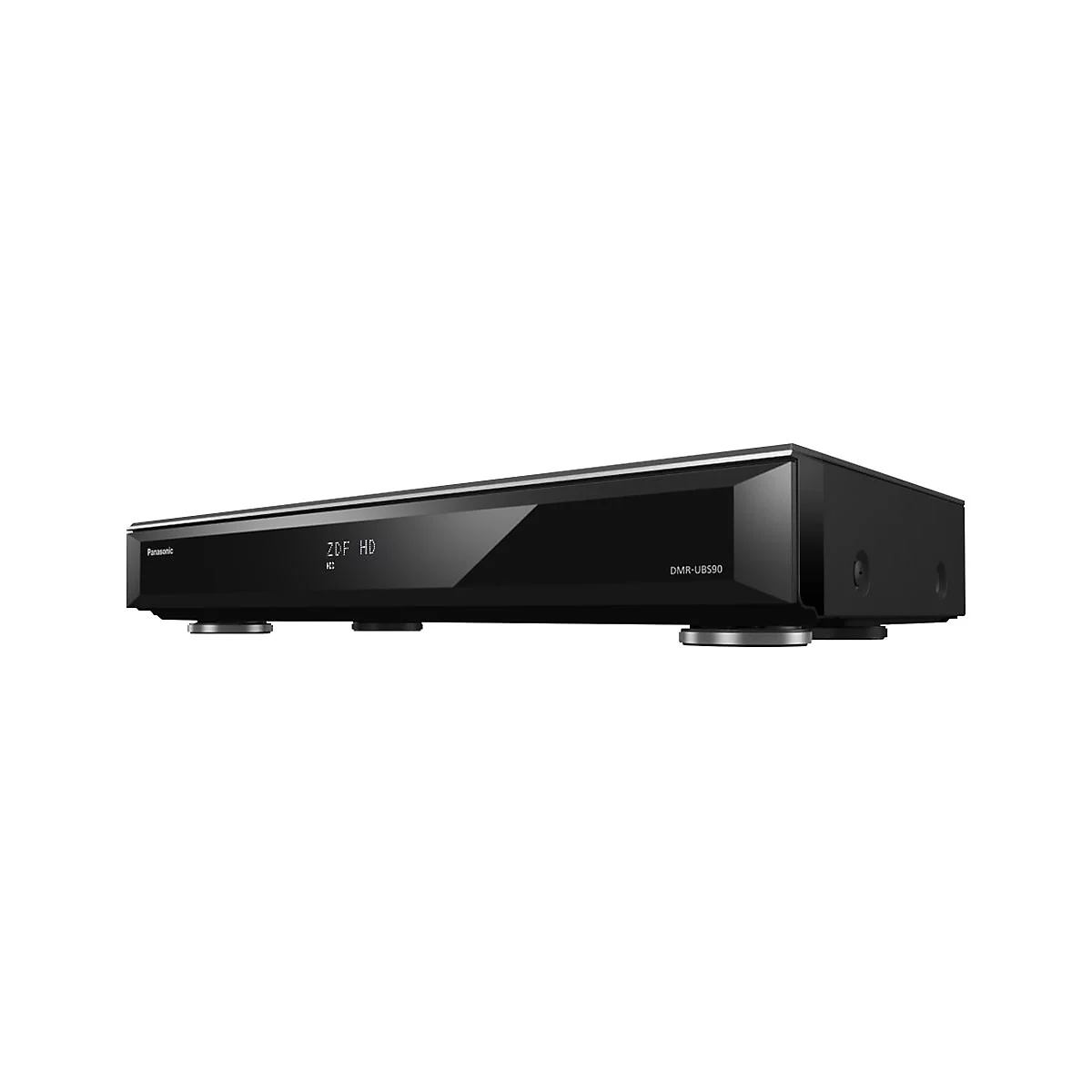 Lecteur Blu-ray Panasonic noir avec affichage ZDF HD, sur fond clair. Modèle DMR-UBS90.