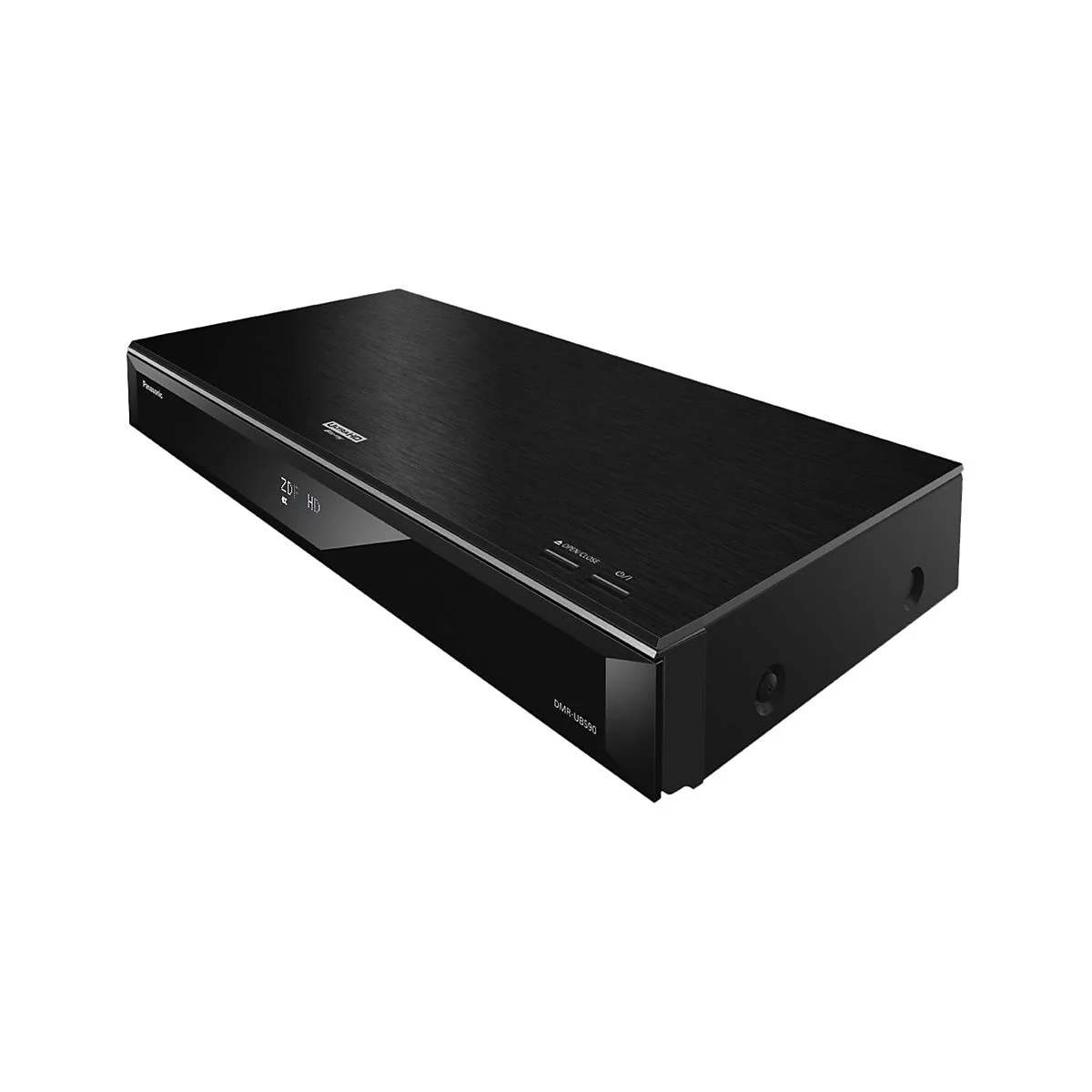 Lecteur Blu-ray noir, prise de vue en diagonale d'en haut. "ULTRA HD" est écrit sur le dessus. Sur l'écran : "ZDF HD".