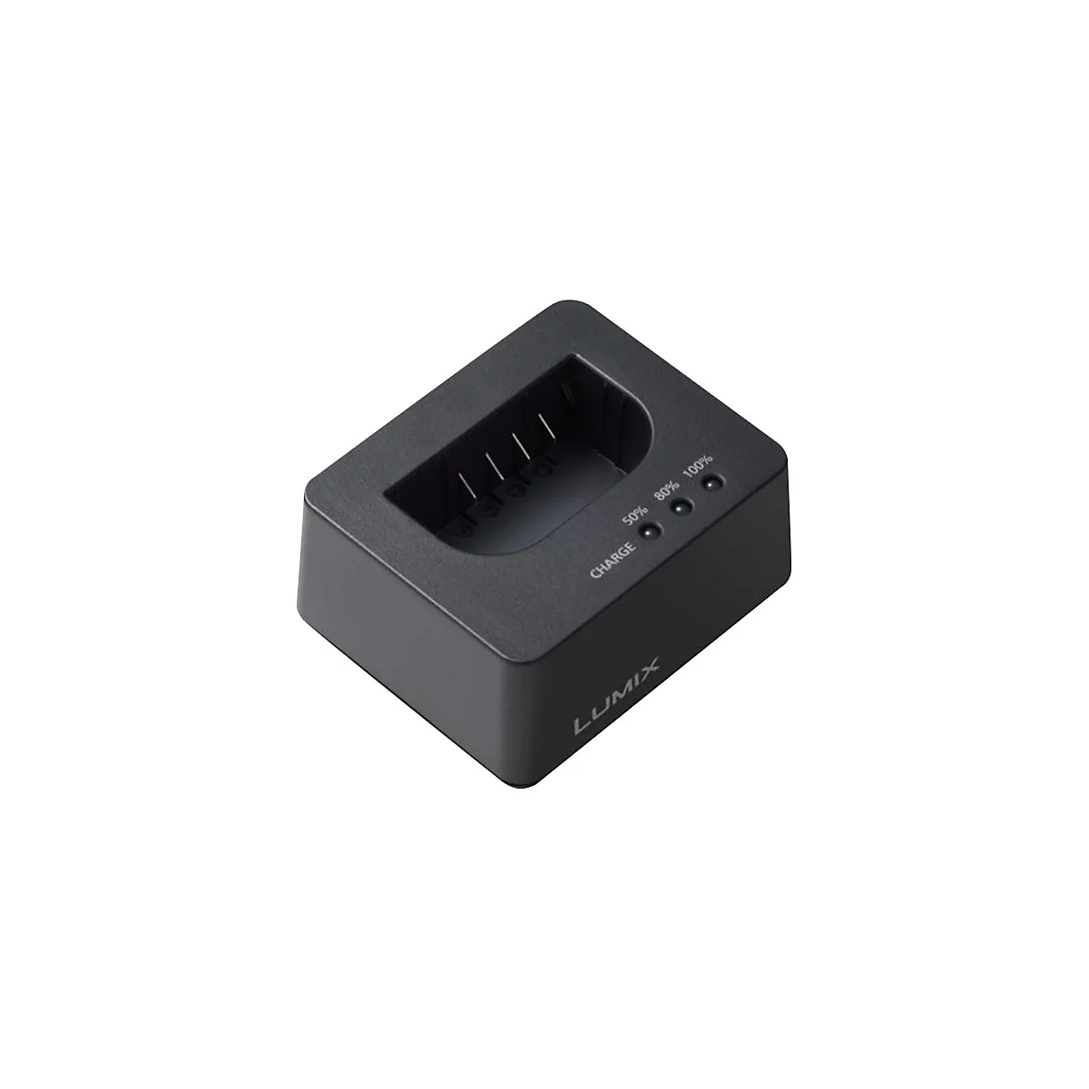 Chargeur de batterie d'appareil photo noir avec indicateur de charge et logo LUMIX.