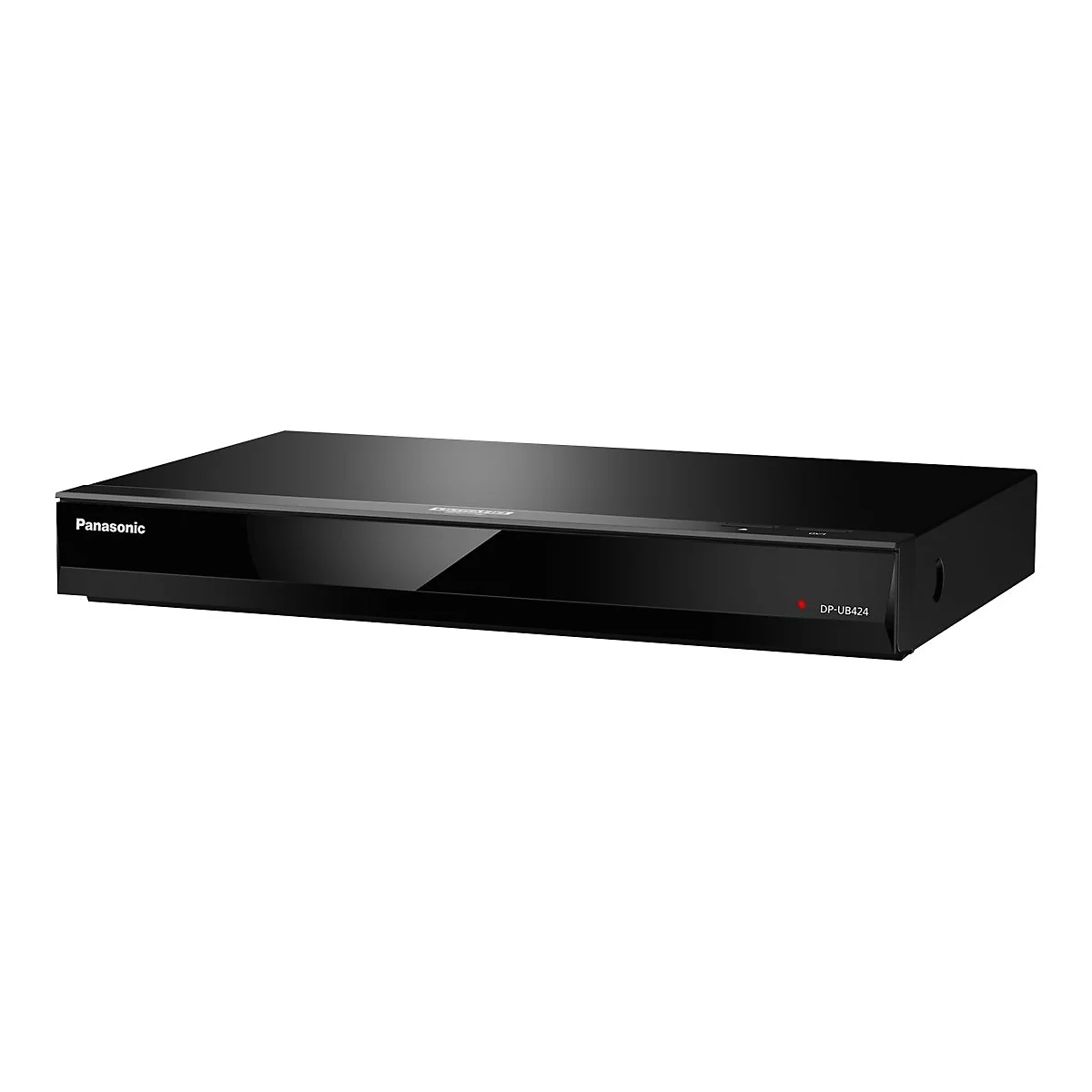 Schwarzer Panasonic Blu-ray-Player, Modell DP-UB424, auf weißem Hintergrund.
