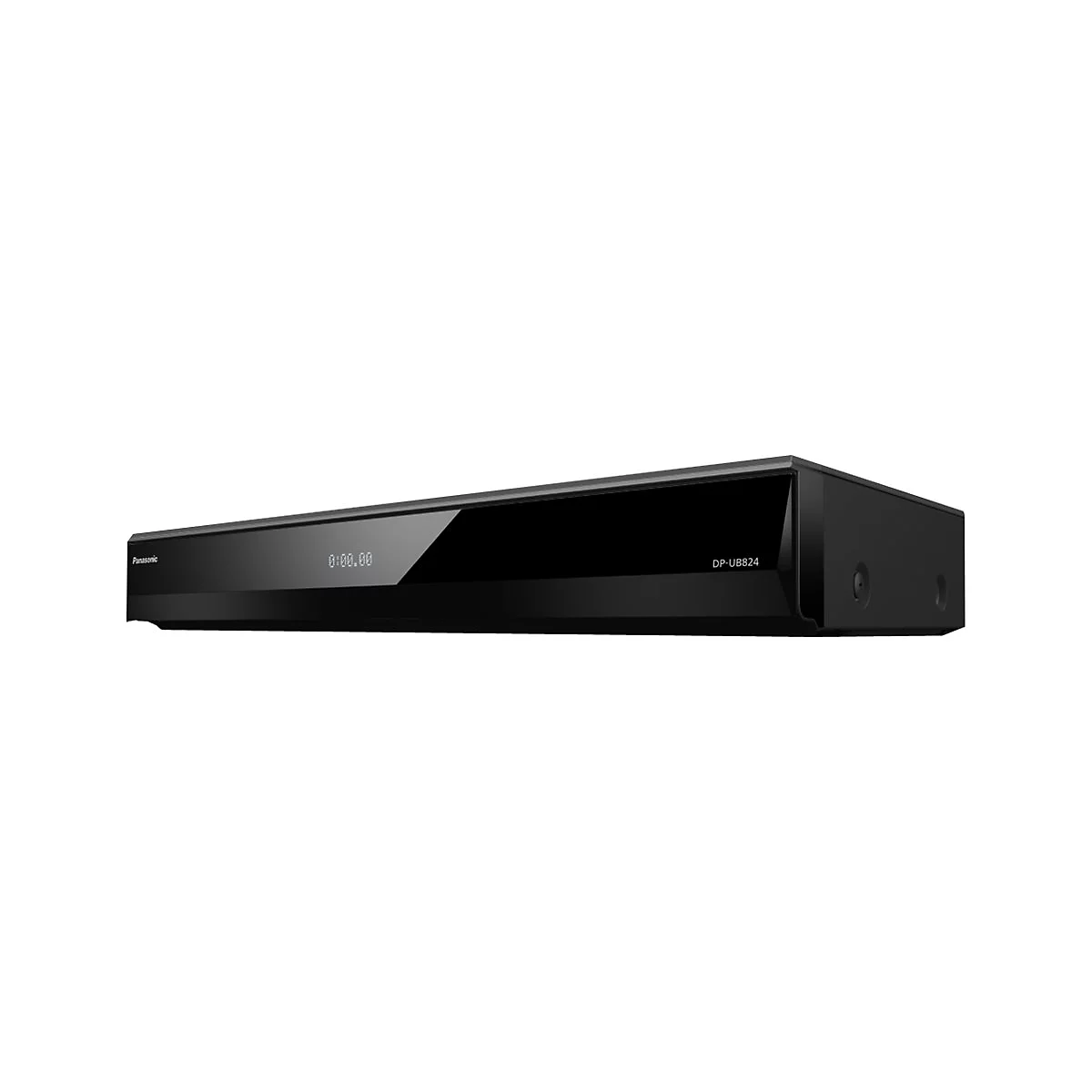 Schwarzer Blu-ray-Player von Panasonic. Auf der Vorderseite sind ein Display mit der Anzeige 0:00:00 und die Bezeichnung DP-UB824 zu sehen.