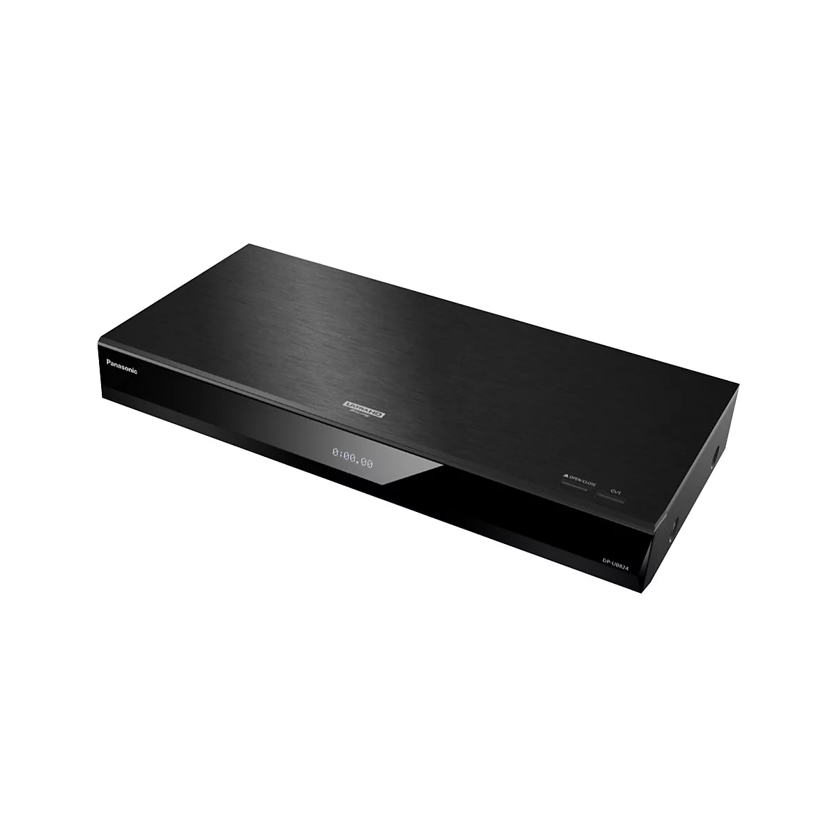 Schwarzer Panasonic UHD Blu-ray Player. Oben mit gebürsteter Oberfläche, unten glänzend, mit Display und Tasten.