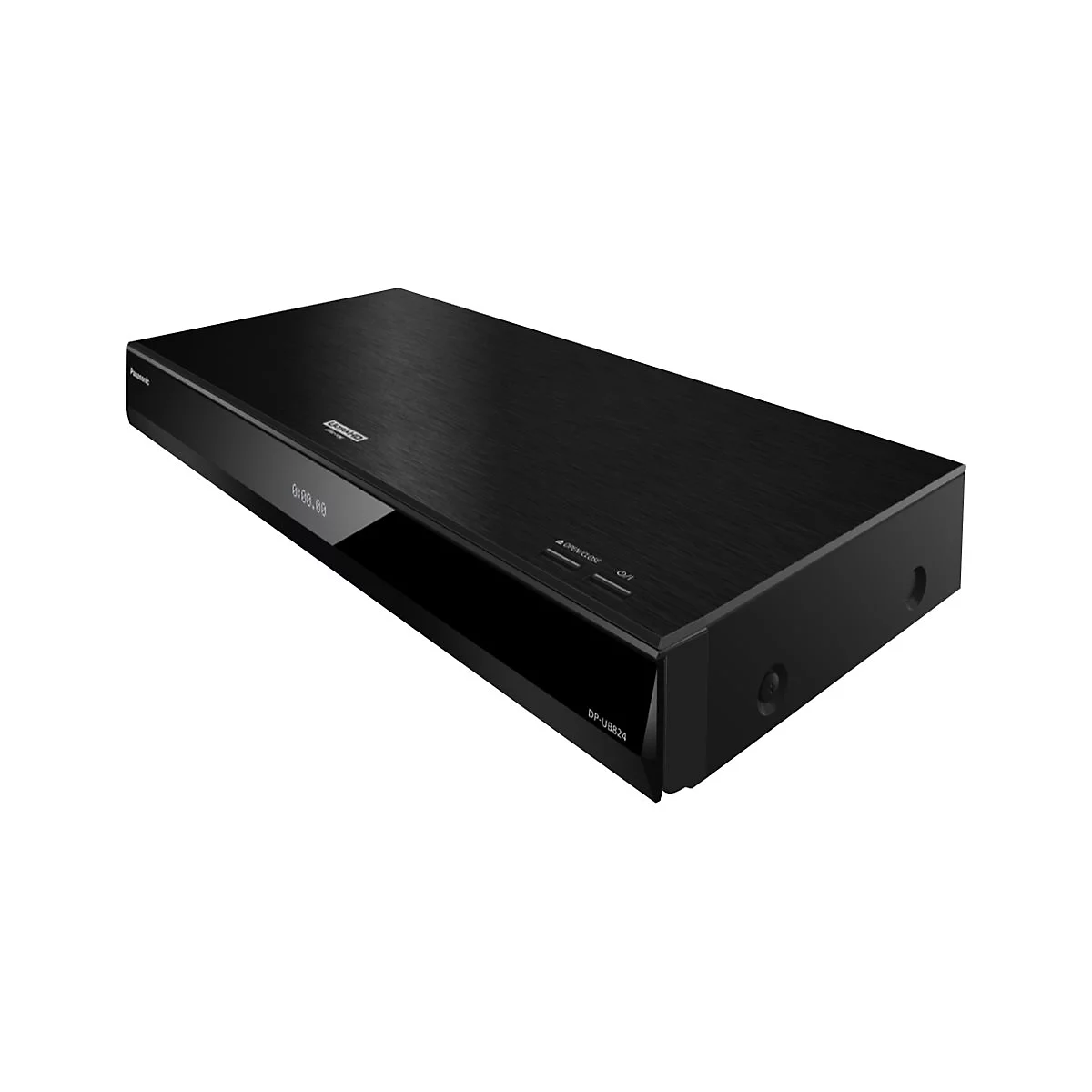 Schwarzer Blu-ray-Player, schräg von oben aufgenommen. Auf der Vorderseite: Display mit "0:00.00". Knöpfe: Open/Close, On/Off.
