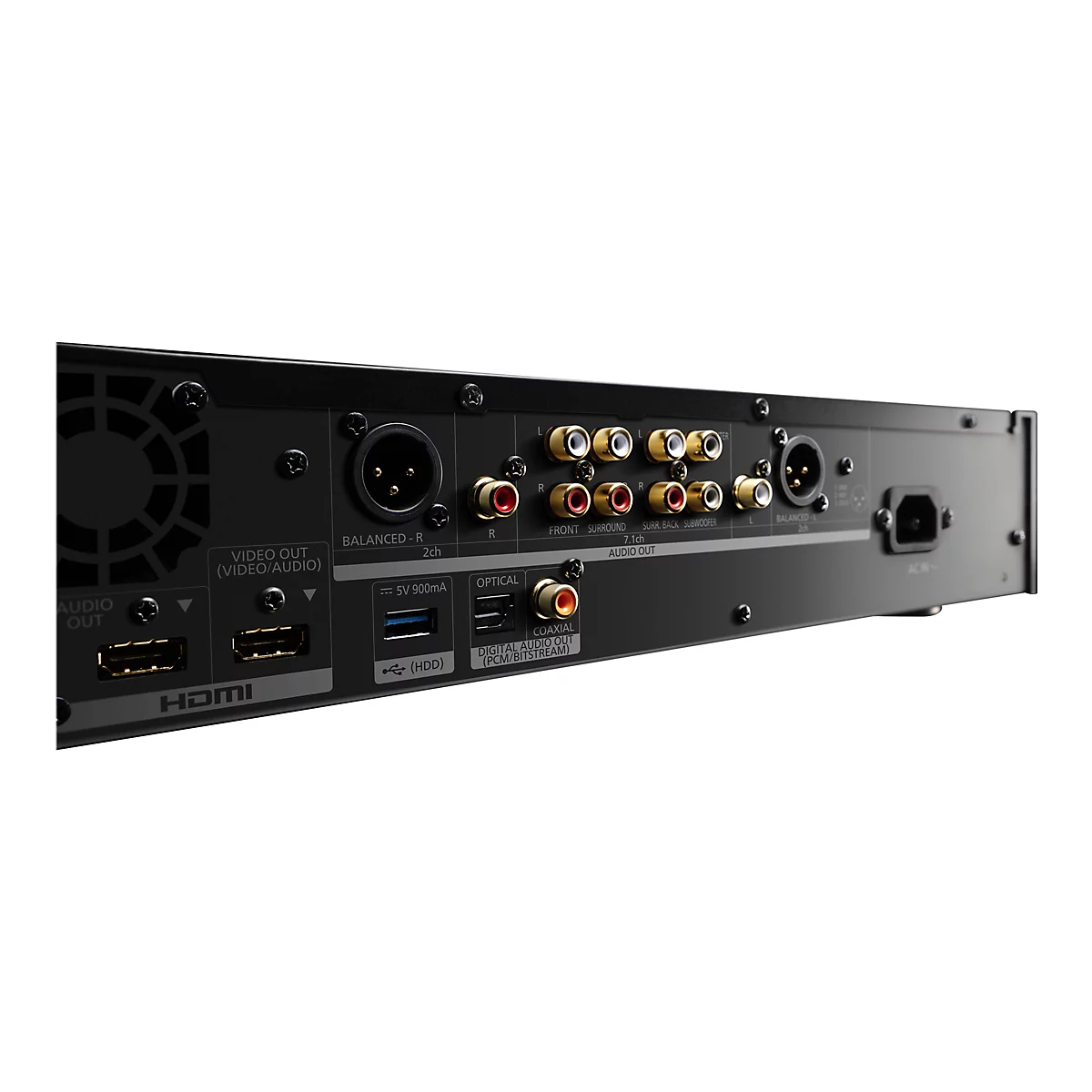 Detailaufnahme der Rückseite eines schwarzen AV-Receivers. Gezeigt werden zahlreiche Anschlüsse, darunter HDMI, Koaxial, optisch, Audioausgänge und Netzkabelanschluss.