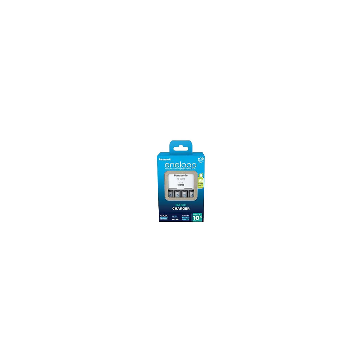 Panasonic eneloop Basisladegerät in blauer Verpackung mit vier enthaltenen AAA-Akkus.