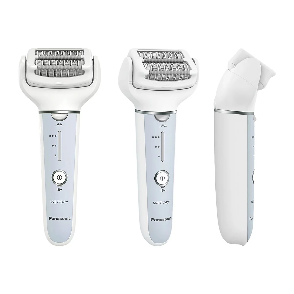 Trois vues d'un rasoir Panasonic blanc pour peau sèche et humide : avant, dessus et côté.