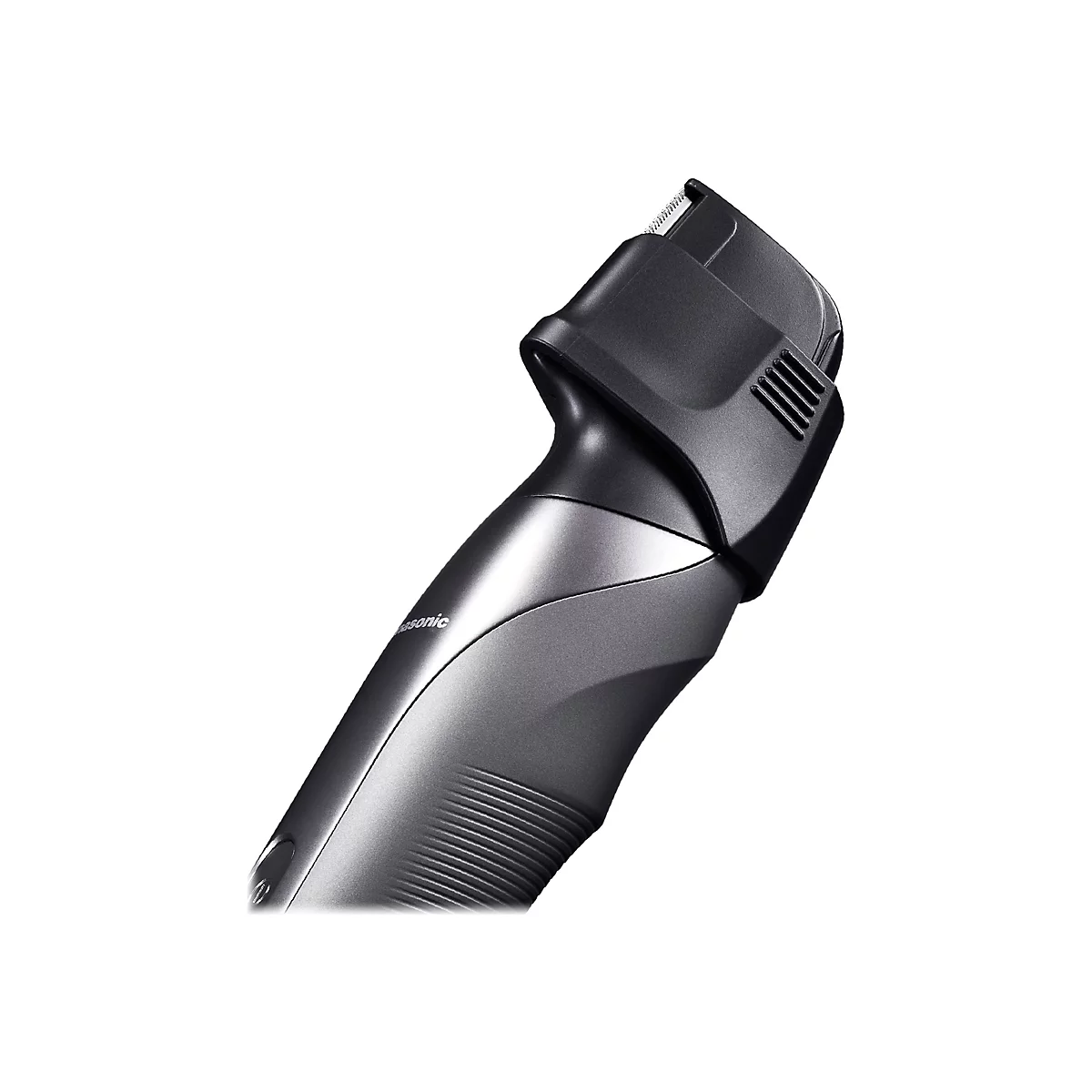 Gros plan d'une tondeuse à barbe électrique grise. La tondeuse a une lame étroite et est isolée sur fond blanc.