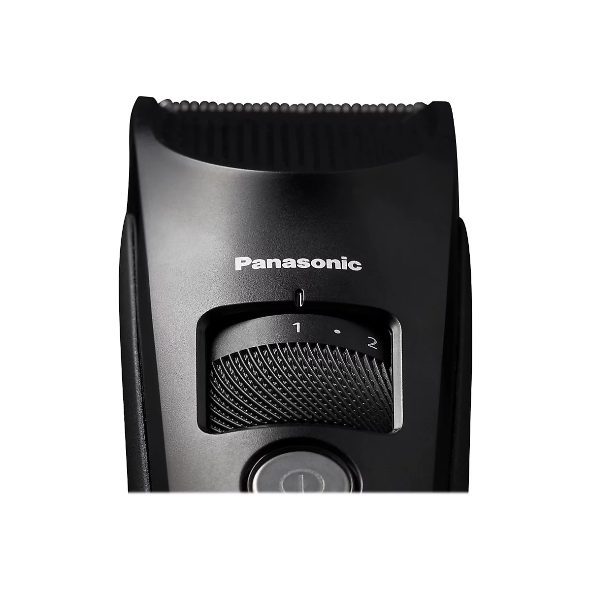 Nahaufnahme eines schwarzen Panasonic Bartschneiders mit Einstellungen von 1 bis 2.