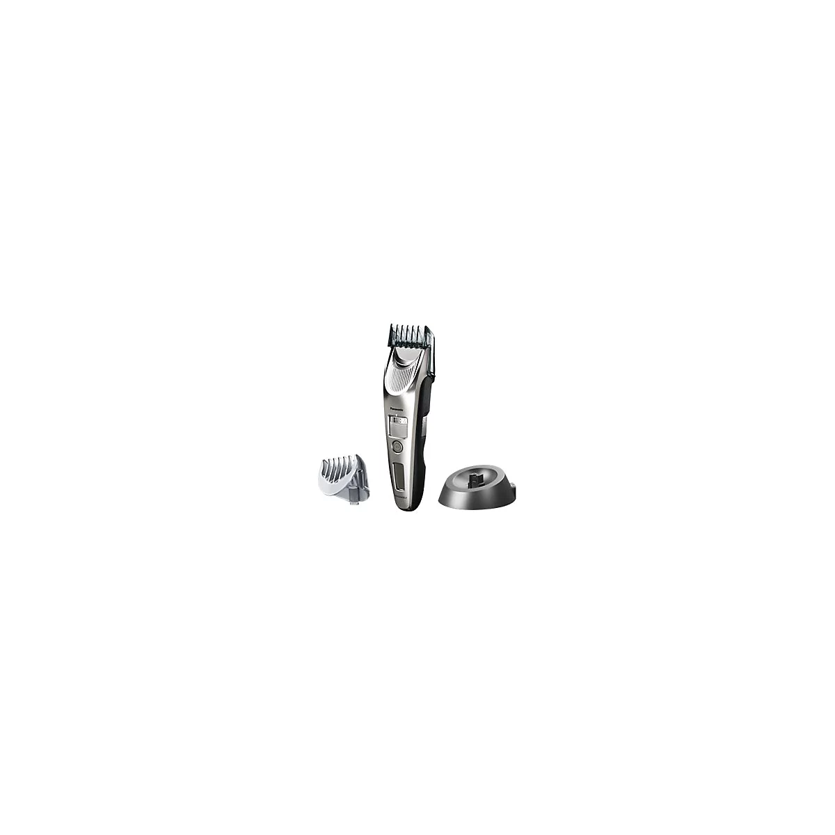 Silber-schwarzer Panasonic Haarschneider mit Aufsatz, Ladestation und zusätzlichem Kammaufsatz.