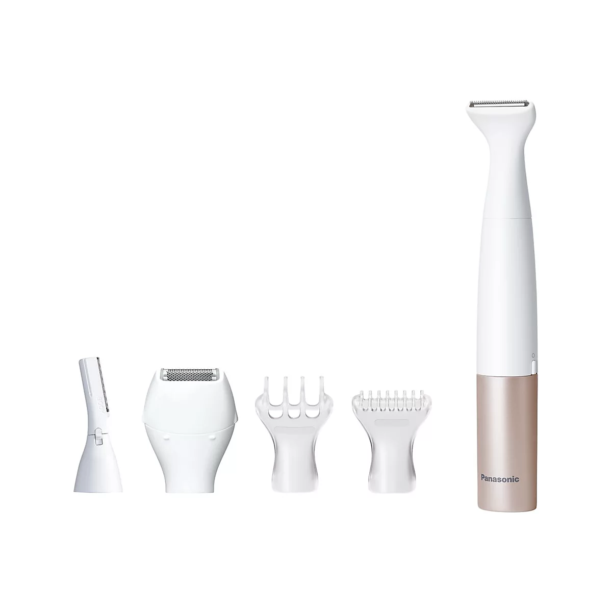 Rasoir électrique pour femmes avec accessoires. Blanc et or, sur fond blanc.