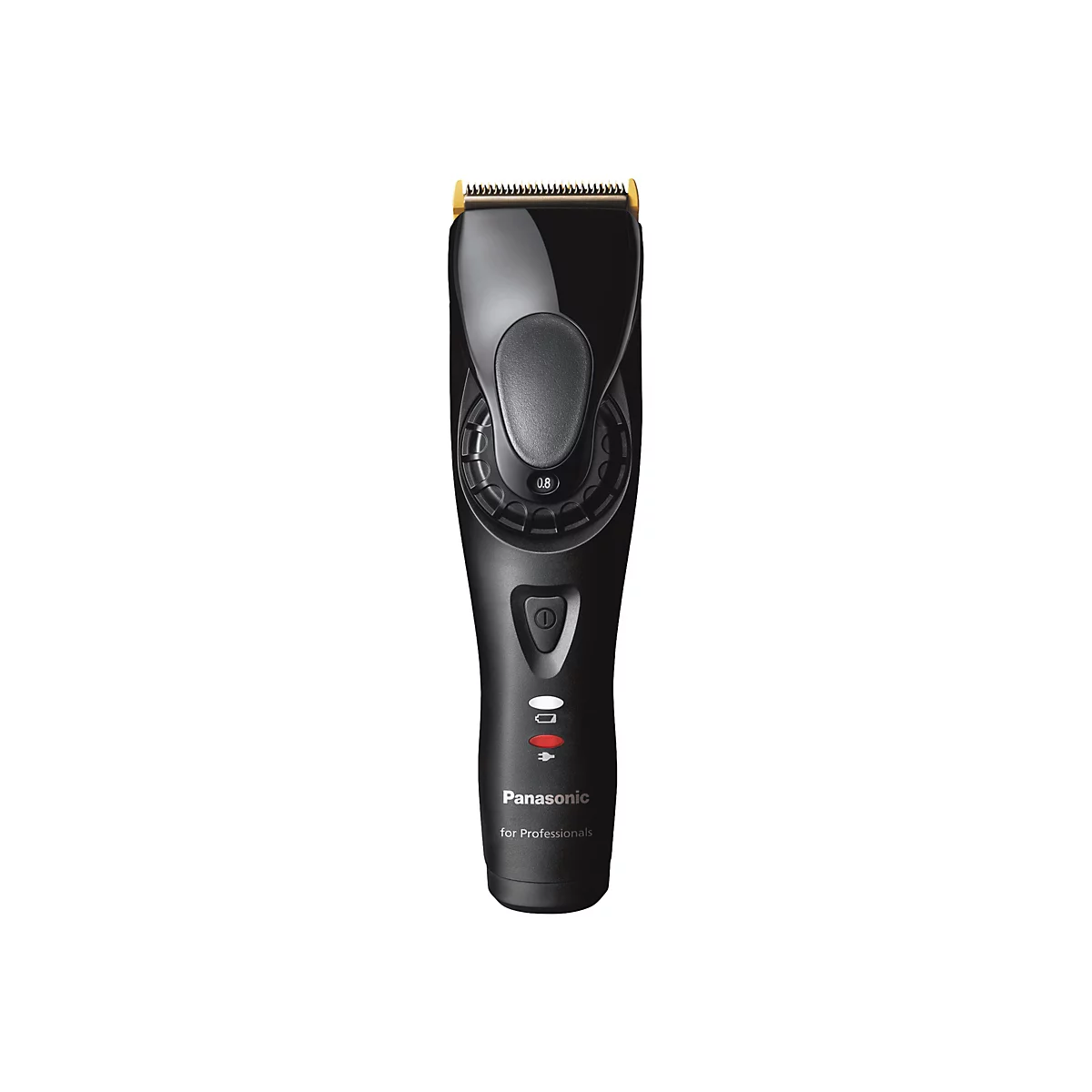 Schwarze Panasonic Haarschneidemaschine mit goldenem Scherkopf vor weißem Hintergrund.